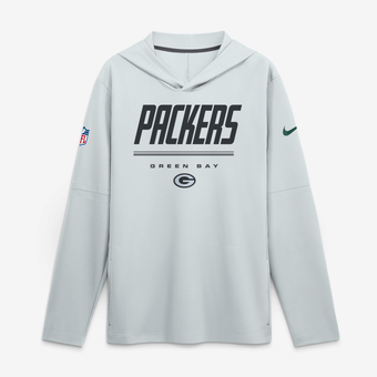Men's Nike Platinum Green Bay Packers Sideline Game On Lightweight Long Sleeve Hooded Dri-FIT Top