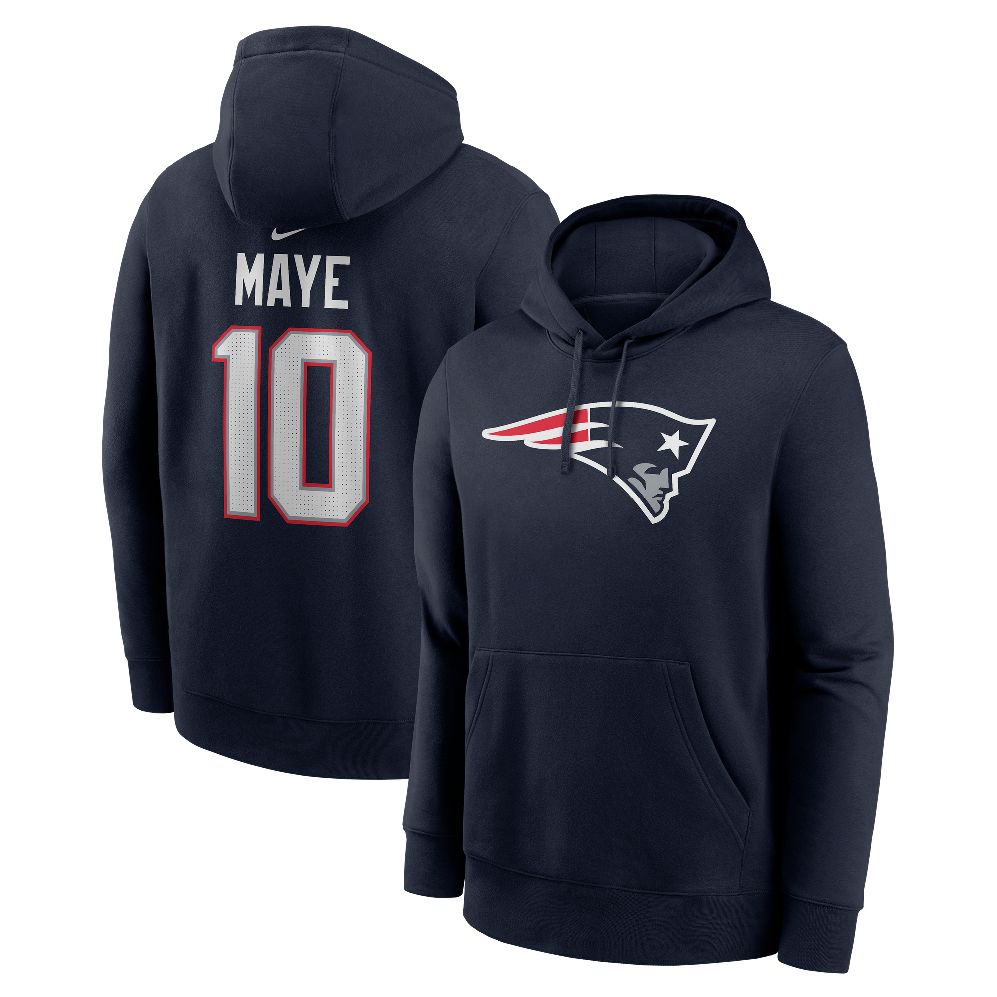 Sweat à capuche Nike Drake Maye bleu marine pour homme, avec nom et numéro des New England Patriots