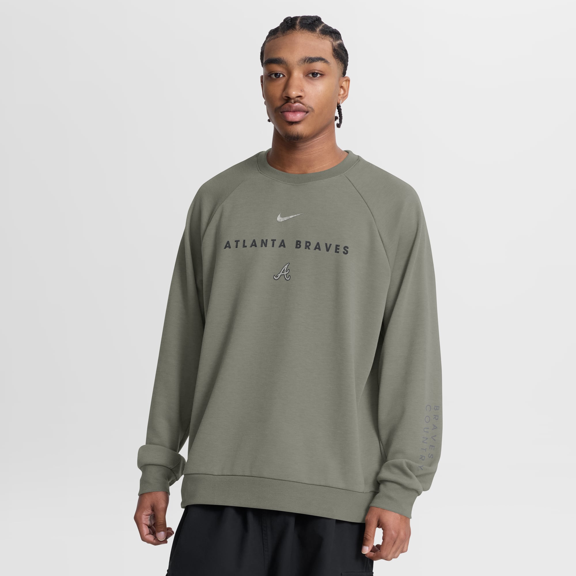 Men's Nike Olive Atlanta Braves Statement Primary Raglan Dri-FIT Sweatshirt