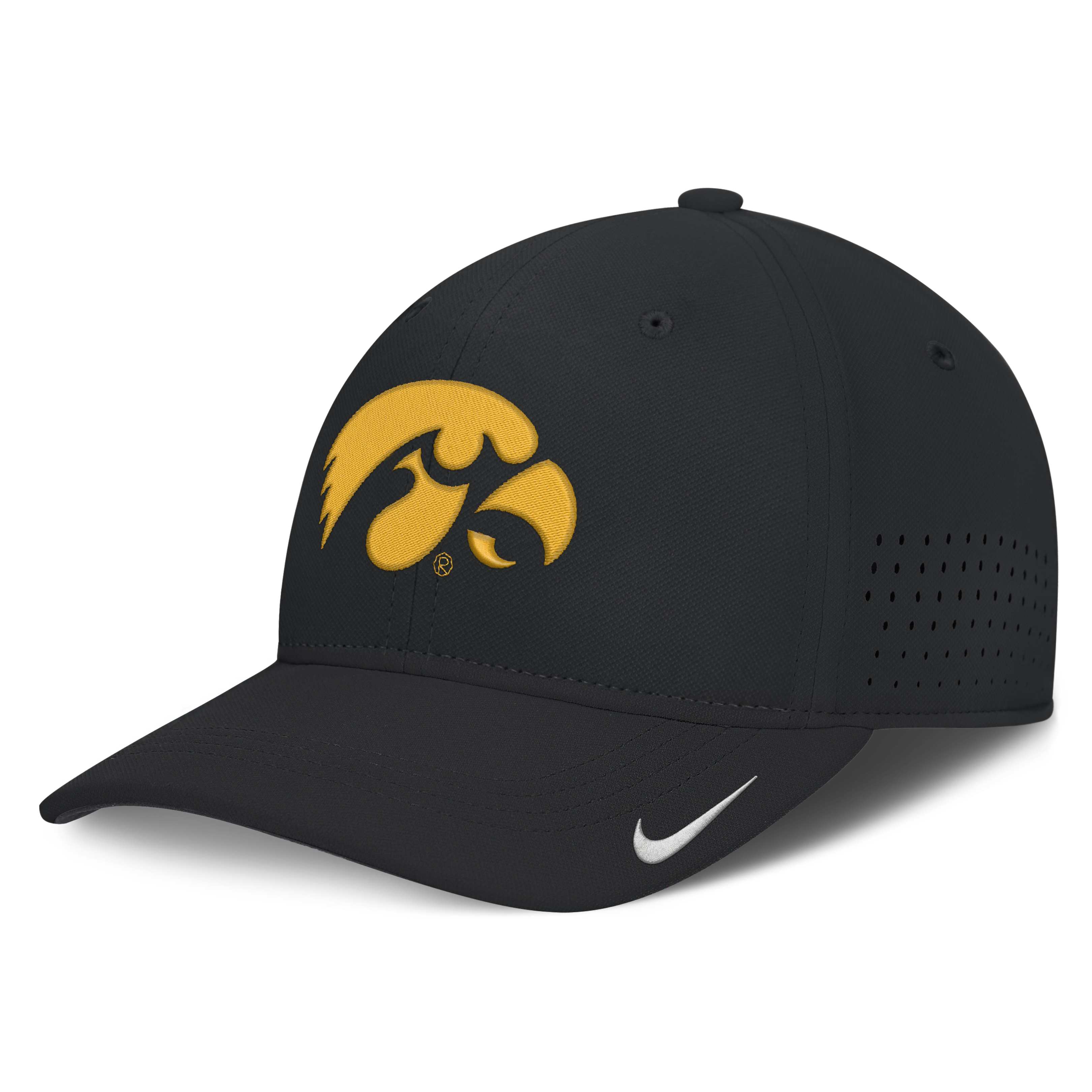 Men's Nike  Black Iowa Hawkeyes 2026 Sideline Practice AeroBill SwooshFlex Dri-FIT Hat