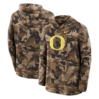 Men's Nike Camo Oregon Ducks 2026 Military Appreciation Sideline Dri-FIT Hooded Long Sleeve T-Shirt
