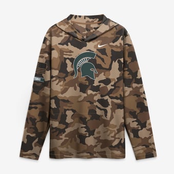 Men's Nike Camo Michigan State Spartans 2026 Military Appreciation Sideline Dri-FIT Hooded Long Sleeve T-Shirt