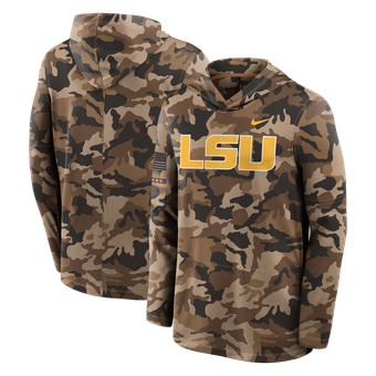 Men's Nike Camo LSU Tigers 2026 Military Appreciation Sideline Dri-FIT Hooded Long Sleeve T-Shirt