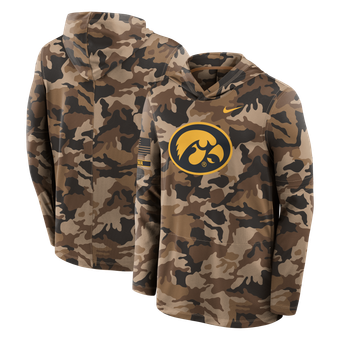 Men's Nike Camo Iowa Hawkeyes 2026 Military Appreciation Sideline Dri-FIT Hooded Long Sleeve T-Shirt