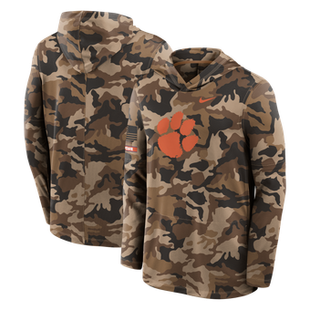 Men's Nike Camo Clemson Tigers 2026 Military Appreciation Sideline Dri-FIT Hooded Long Sleeve T-Shirt