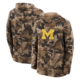 Men's Jordan Brand Camo Michigan Wolverines 2026 Military Appreciation Sideline Dri-FIT Hooded Long Sleeve T-Shirt
