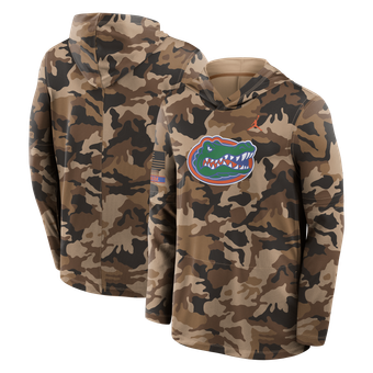 Men's Jordan Brand Camo Florida Gators 2026 Military Appreciation Sideline Dri-FIT Hooded Long Sleeve T-Shirt