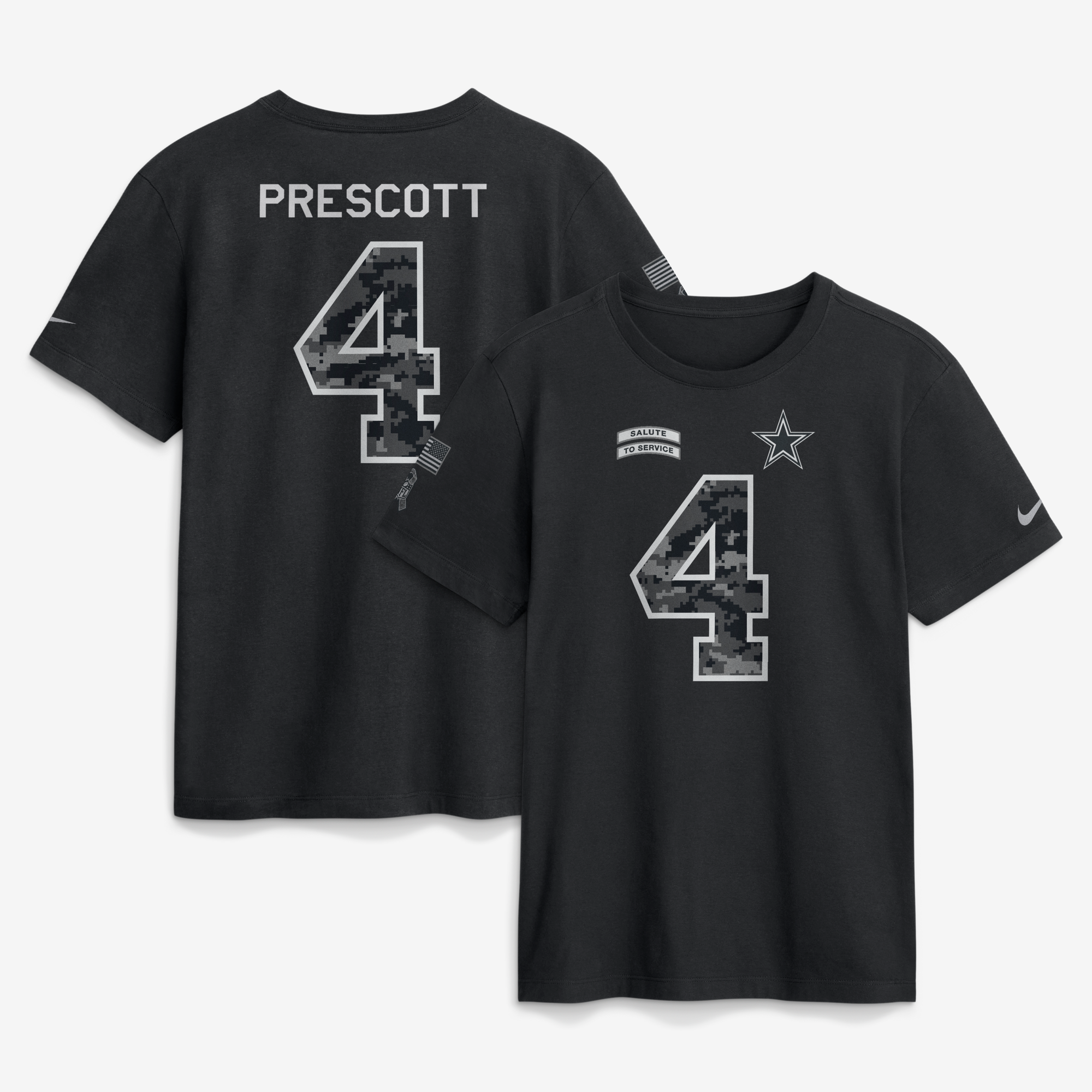 Camiseta Nike para hombre Dak Prescott negra Dallas Cowboys 2026 Salute to Service con nombre y número.