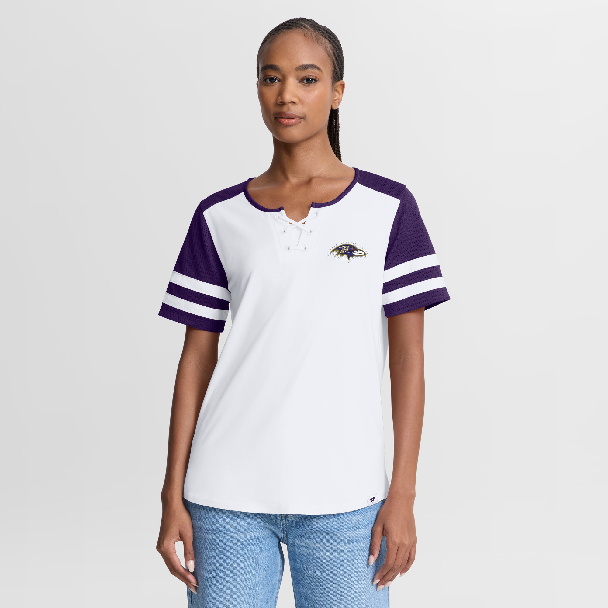 Fanatics Women's White/Purple Baltimore Ravens Touchdown Pass Athena Lace-Up T-Shirt - White, Purple