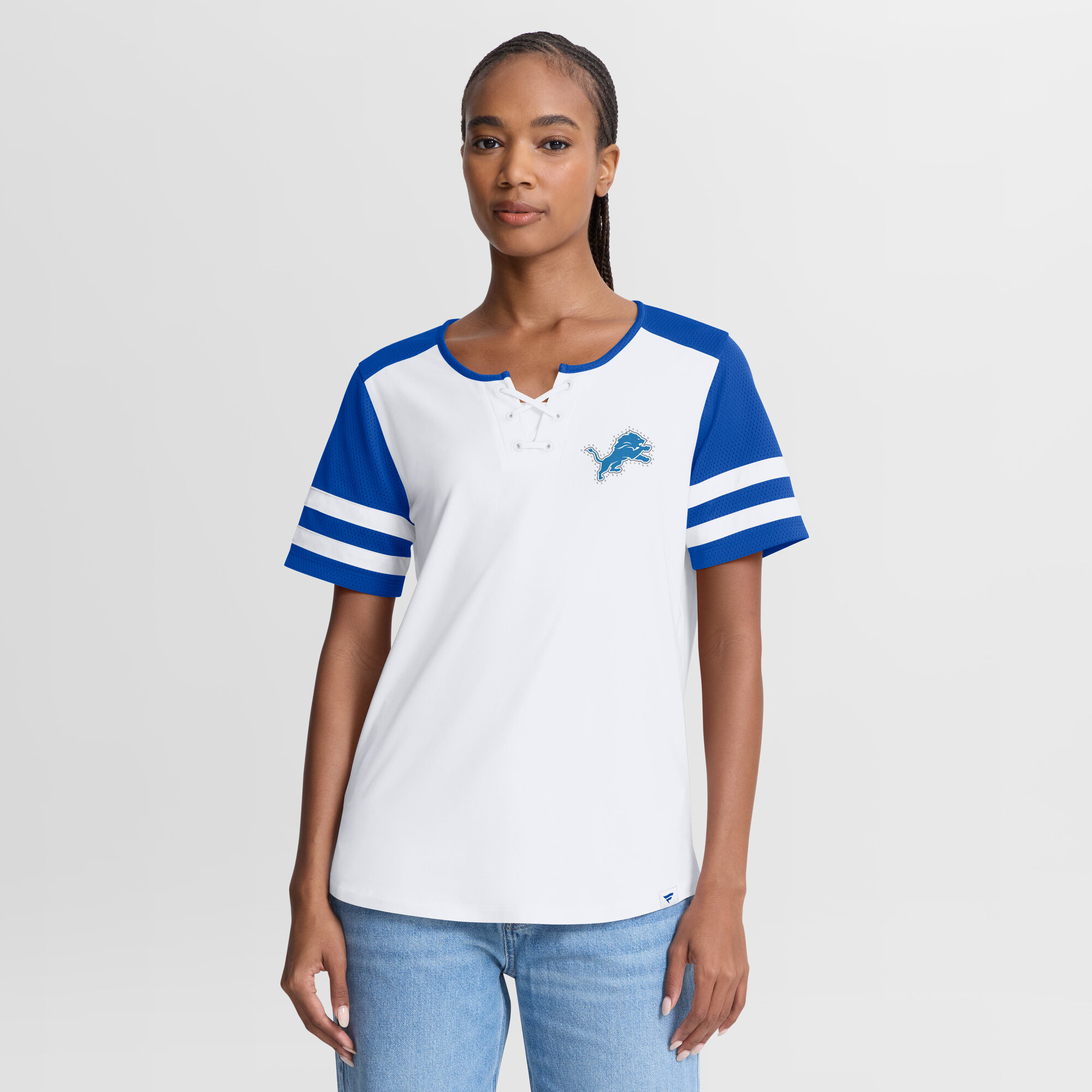 Women's Fanatics White/Blue Detroit Lions Touchdown Pass Athena Lace-Up T-Shirt
