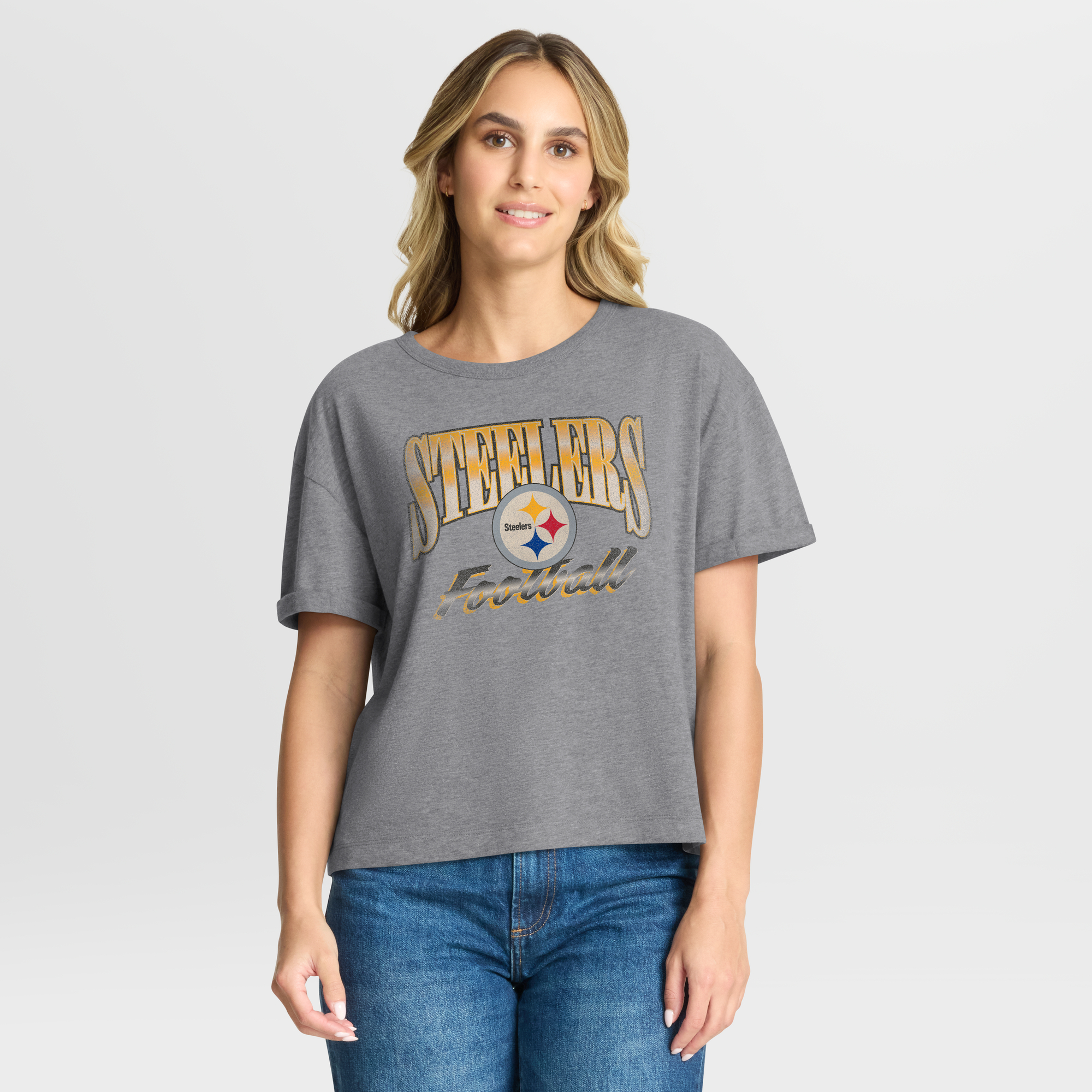 Women's Fanatics Heather Gray Pittsburgh Steelers Overplayed Tribute Tri-Blend Boxy T-Shirt