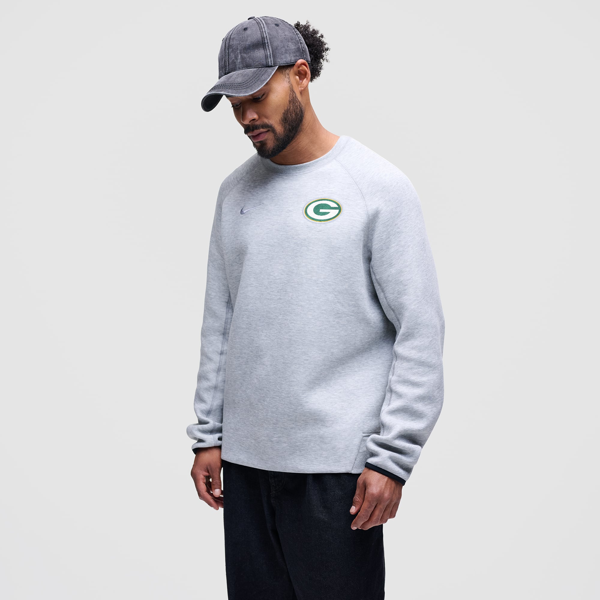 Men's Nike Heather Gray Green Bay Packers Tech Fleece Raglan Sweatshirt