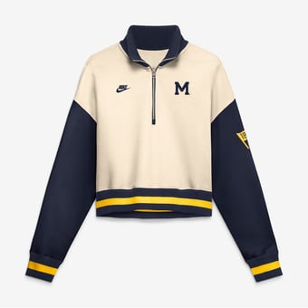 Women's Nike Natural/Navy Michigan Wolverines Oversized Legacy Color Block Cropped Quarter-Zip Pullover