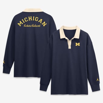Women's Nike Navy Michigan Wolverines Oversized Essential Dri-FIT Long Sleeve V-Neck Polo
