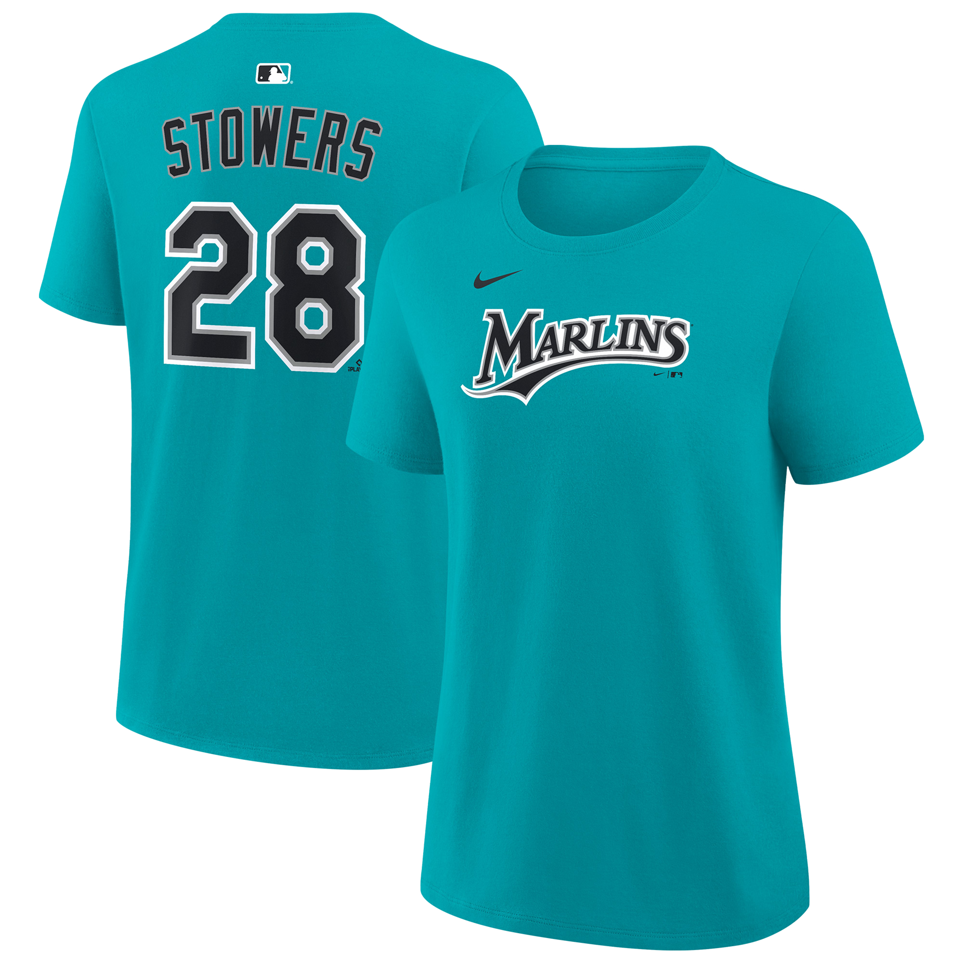 Women's Nike Kyle Stowers Teal Miami Marlins Name & Number T-Shirt