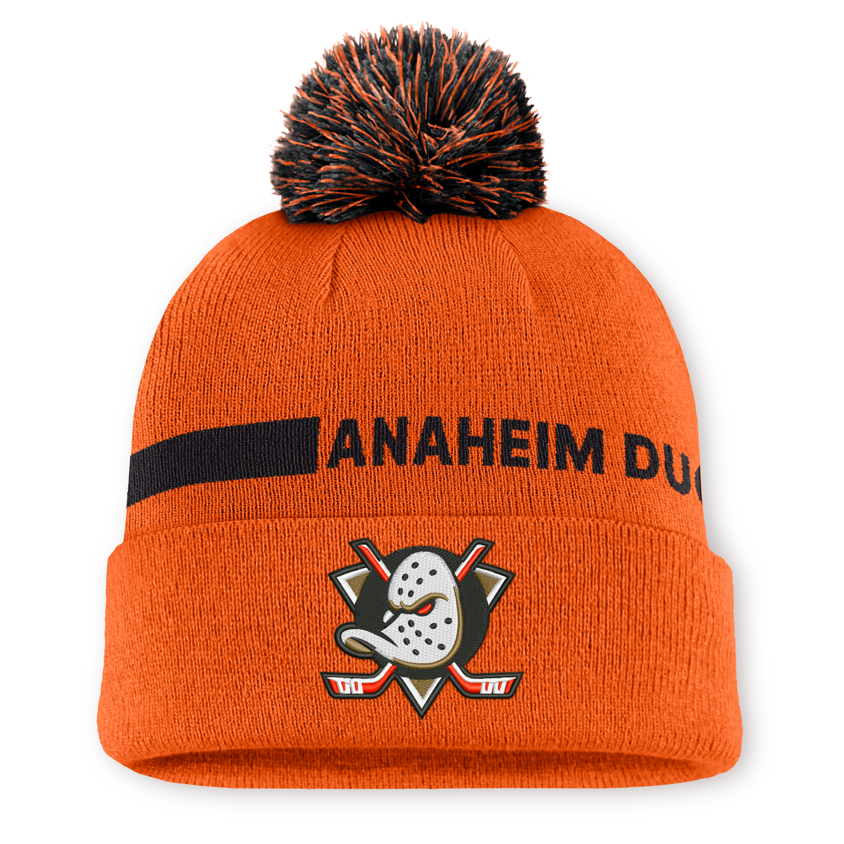 Men's Fanatics Orange/Black Anaheim Ducks Authentic Pro Rink Cuffed Knit Hat with Pom