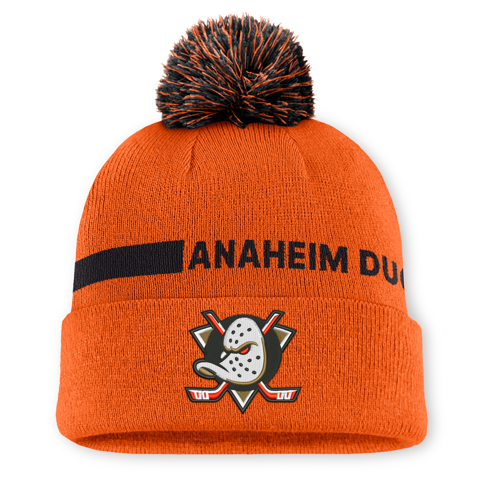 Men's Fanatics Orange/Black Anaheim Ducks Authentic Pro Rink Cuffed Knit Hat with Pom