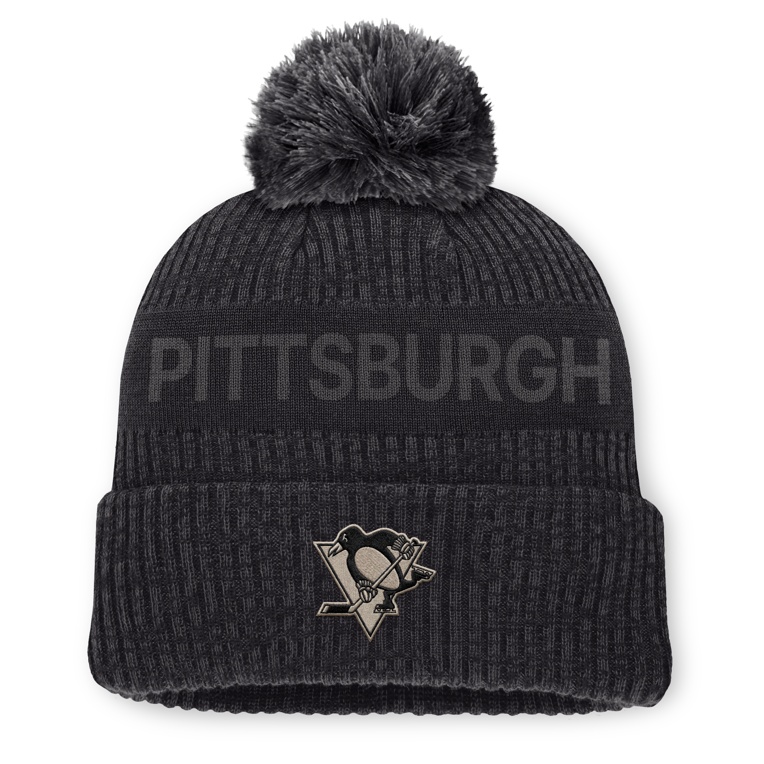 Men's Fanatics Charcoal Pittsburgh Penguins Road Phantom Cuffed Knit Hat with Pom
