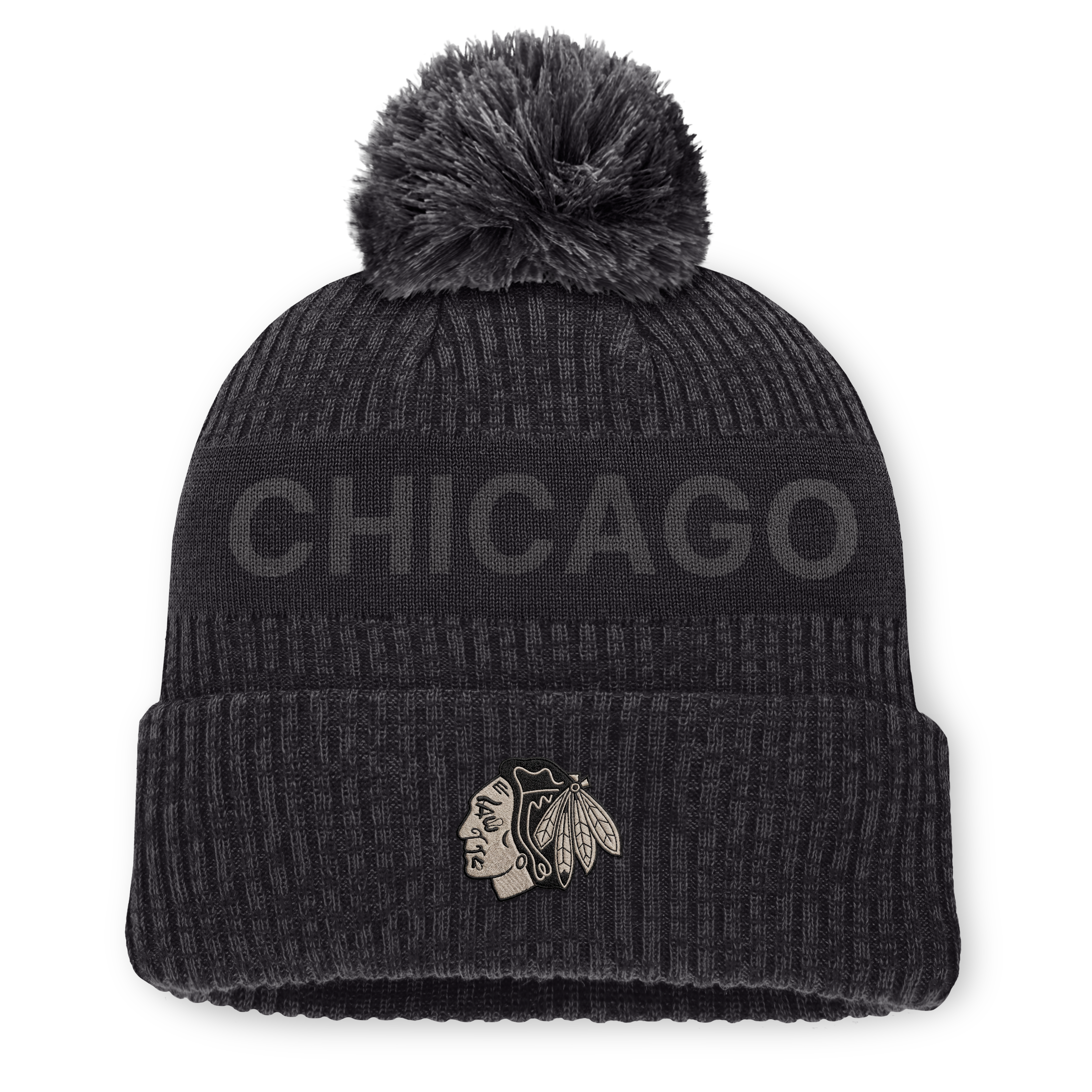 Men's Fanatics Charcoal Chicago Blackhawks Road Phantom Cuffed Knit Hat with Pom