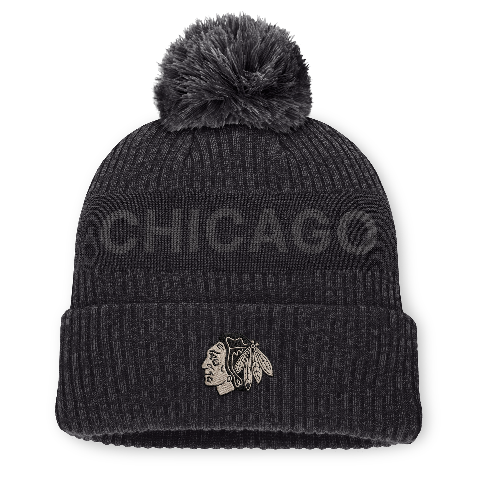 Men's Fanatics Charcoal Chicago Blackhawks Road Phantom Cuffed Knit Hat with Pom