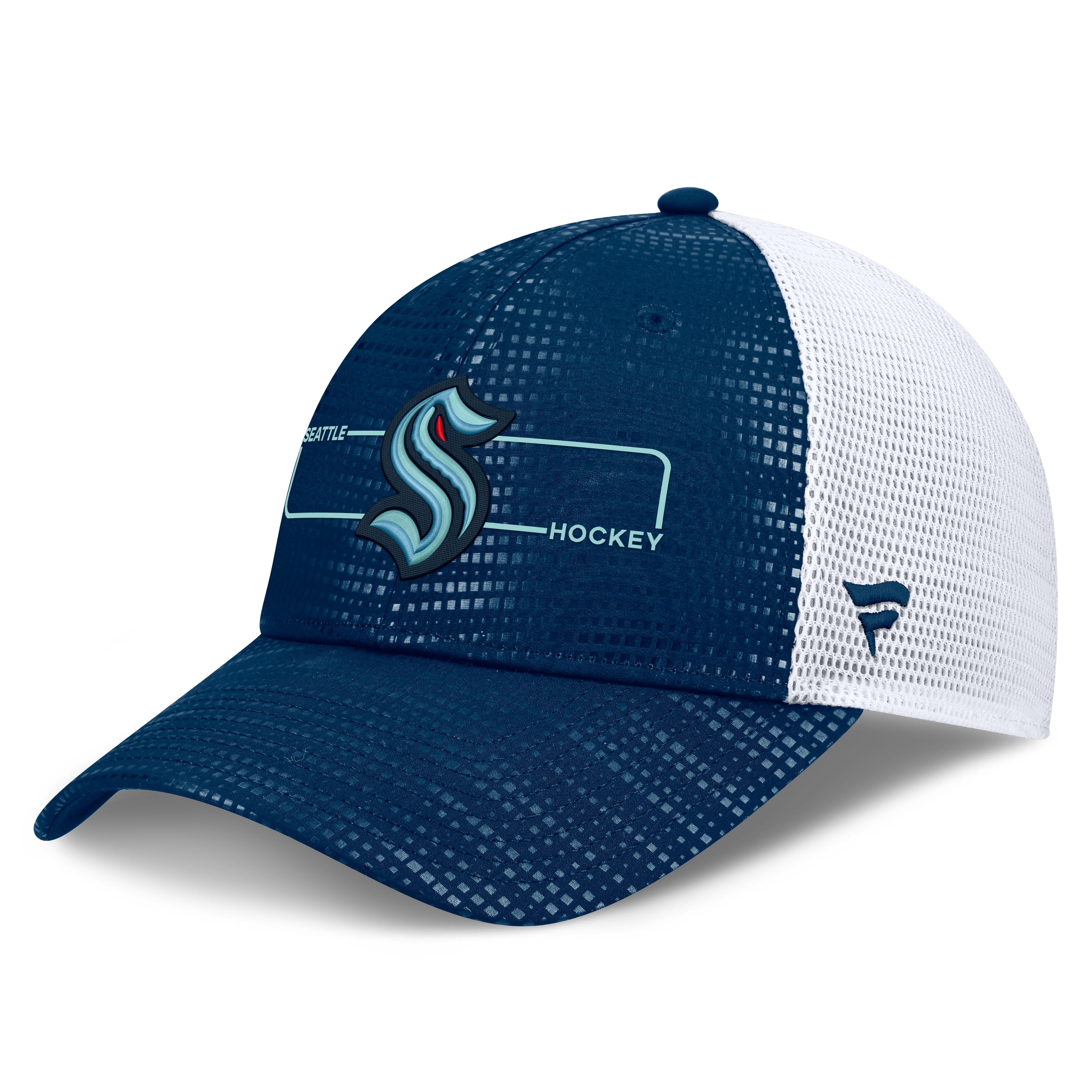 Men's Fanatics Deep Sea Blue Seattle Kraken Authentic Pro Rink Boxed Logo Trucker Hat