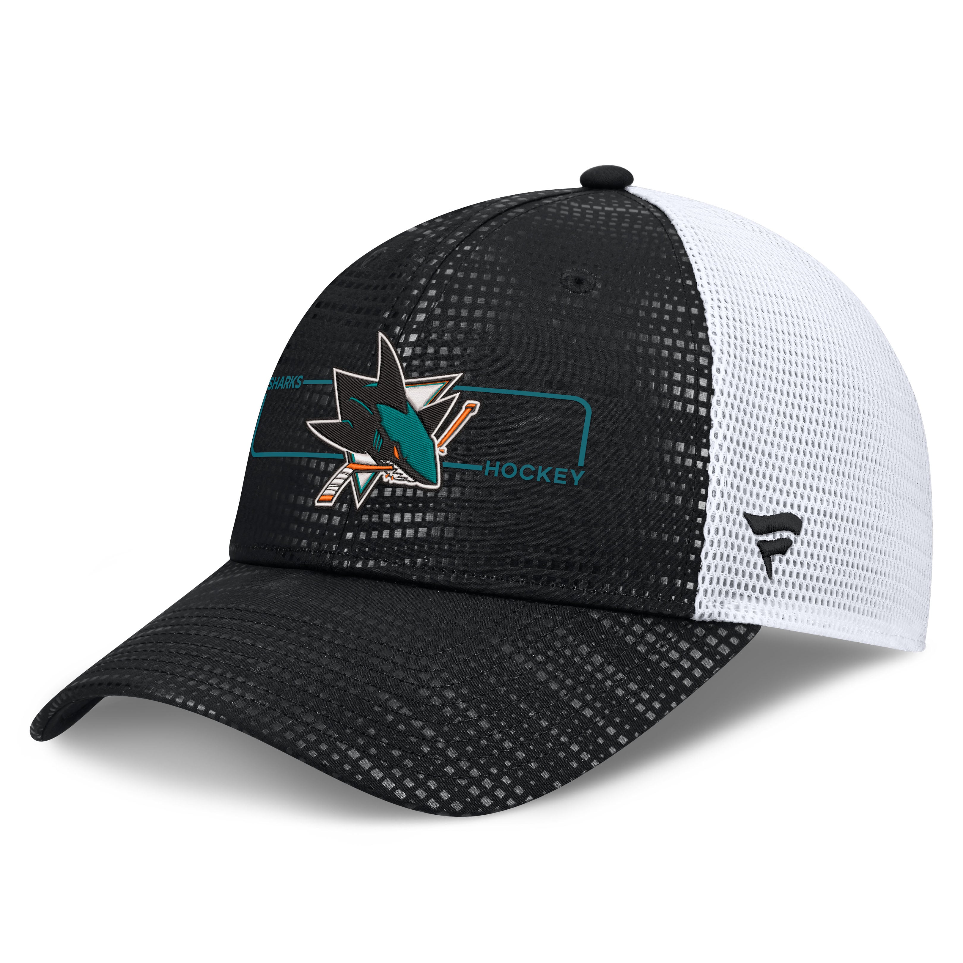 Men's Fanatics Black San Jose Sharks Authentic Pro Rink Boxed Logo Trucker Hat