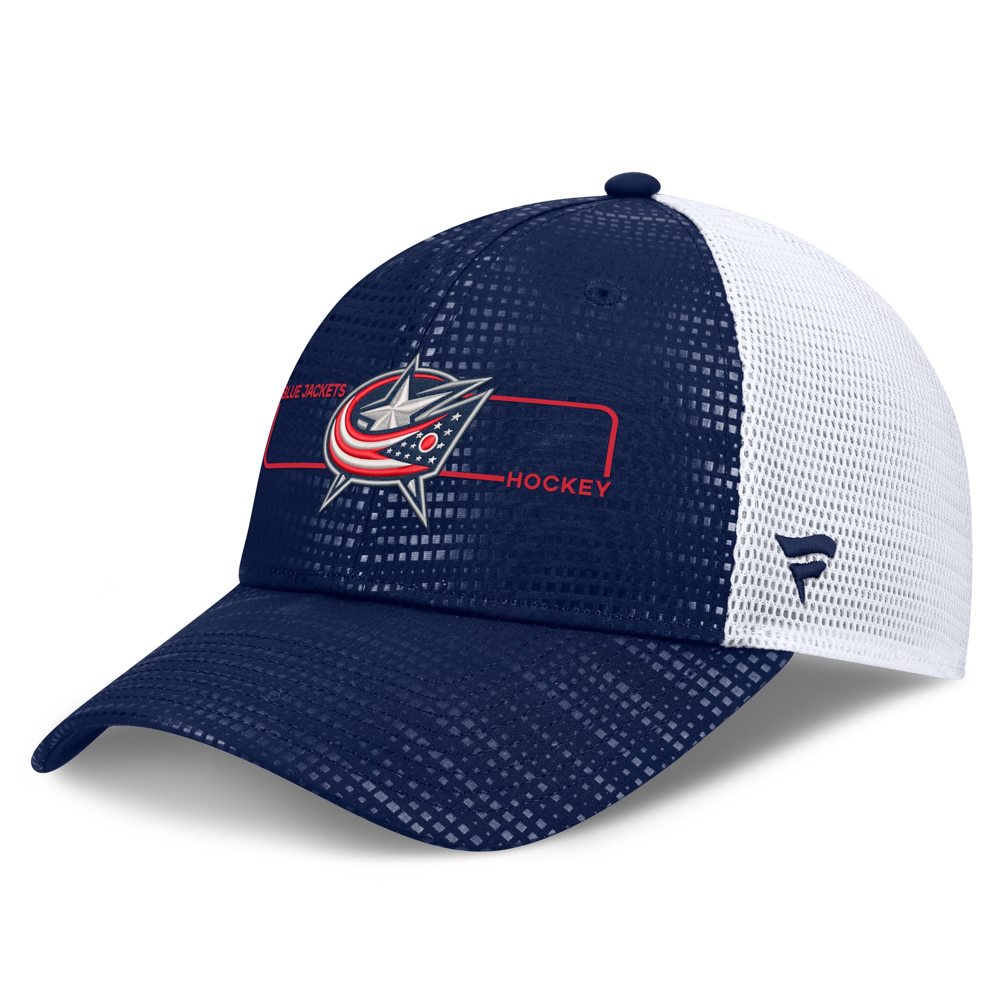 Men's Fanatics Navy Columbus Blue Jackets Authentic Pro Rink Boxed Logo Trucker Hat