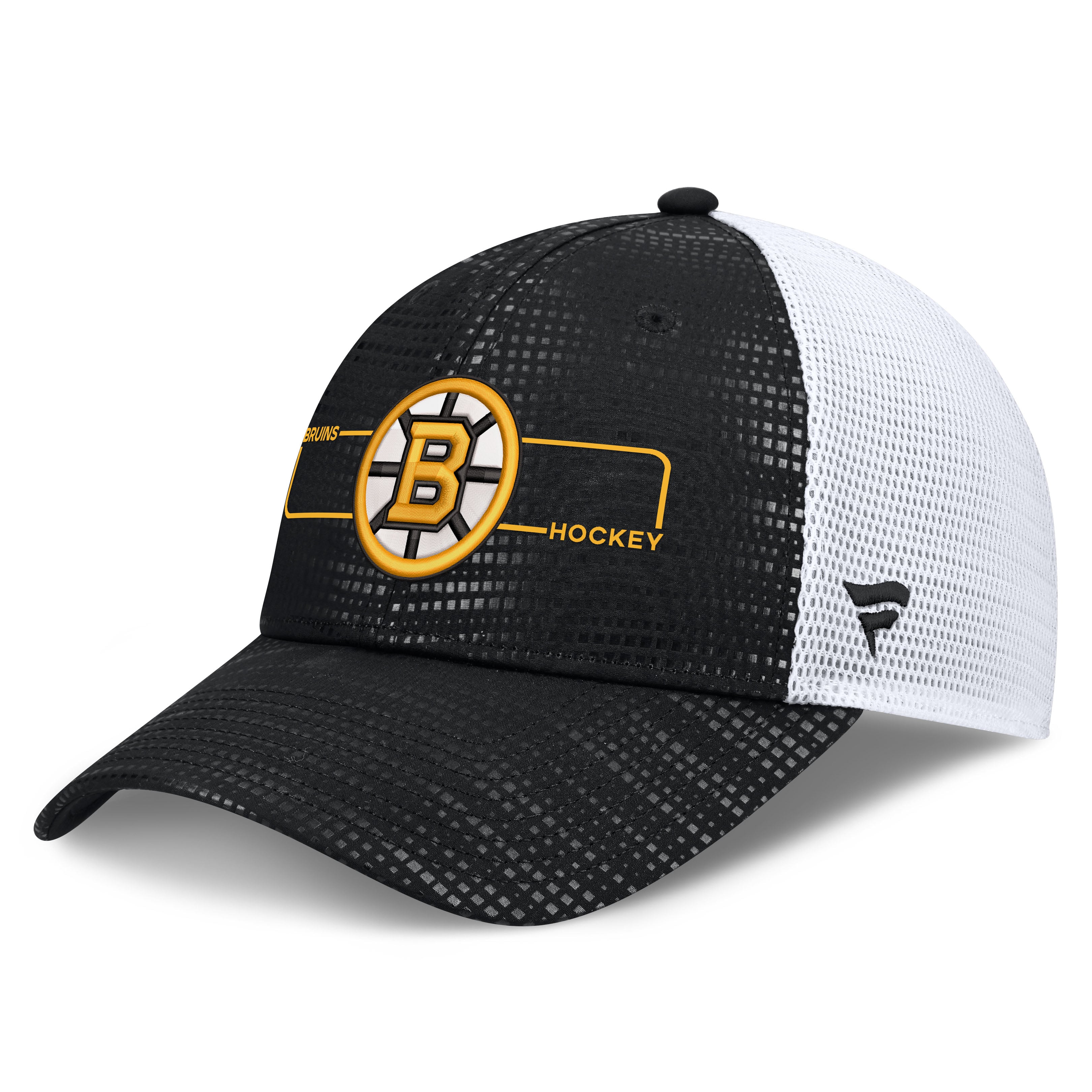 Men's Fanatics Black Boston Bruins Authentic Pro Rink Boxed Logo Trucker Hat