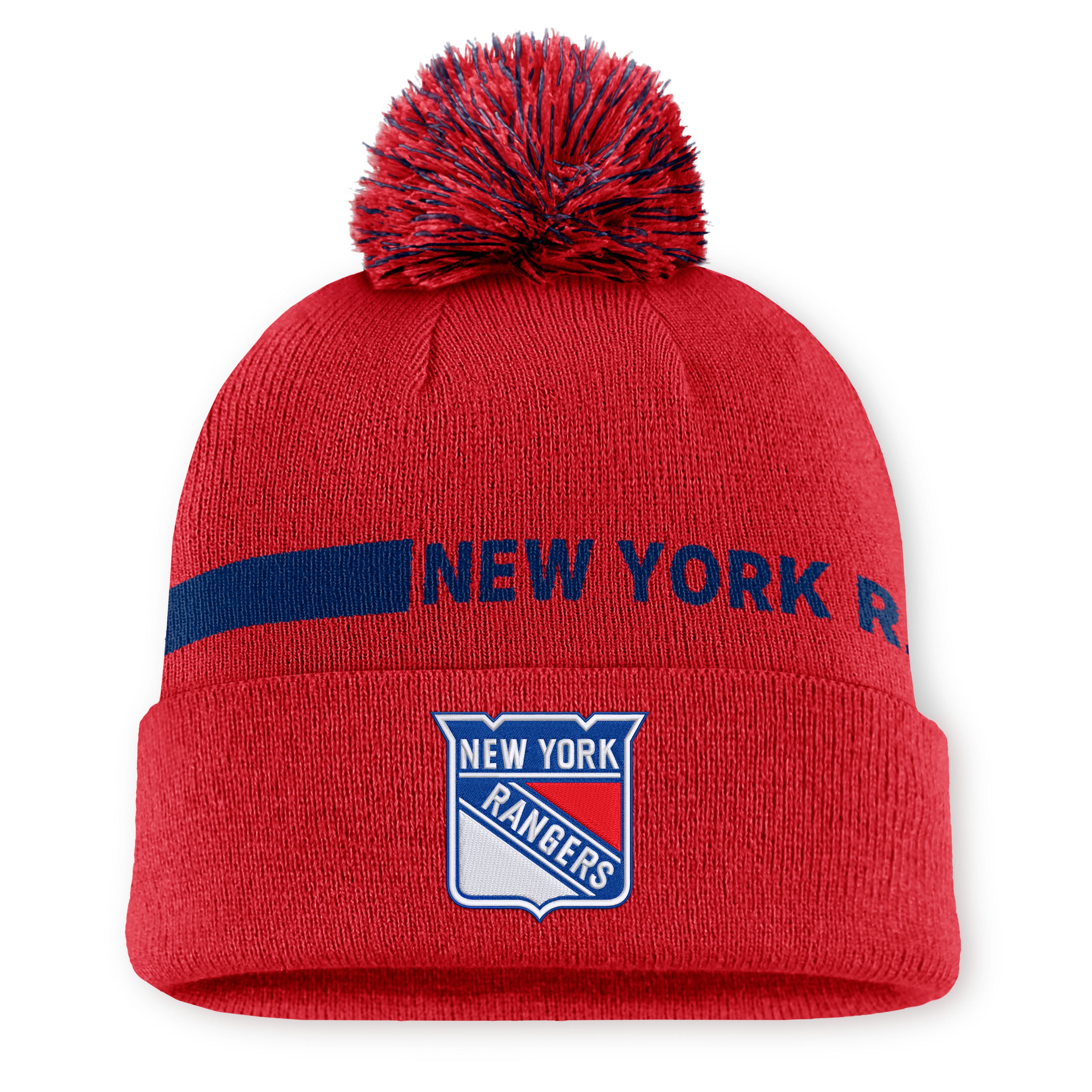 Women's Fanatics Red New York Rangers Authentic Pro Rink Cuffed Knit Hat with Pom