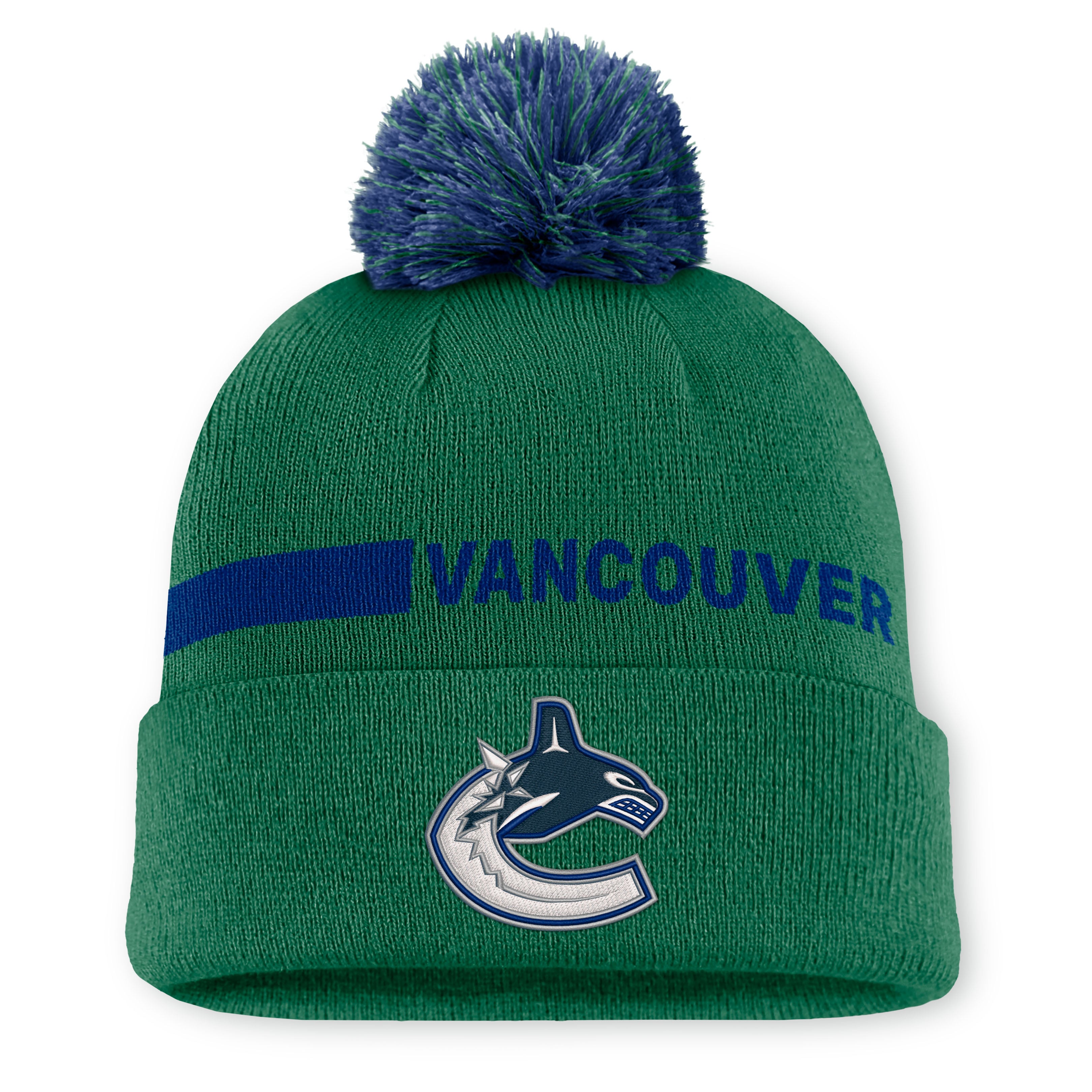 Men's Fanatics Green Vancouver Canucks Authentic Pro Rink Cuffed Knit Hat with Pom