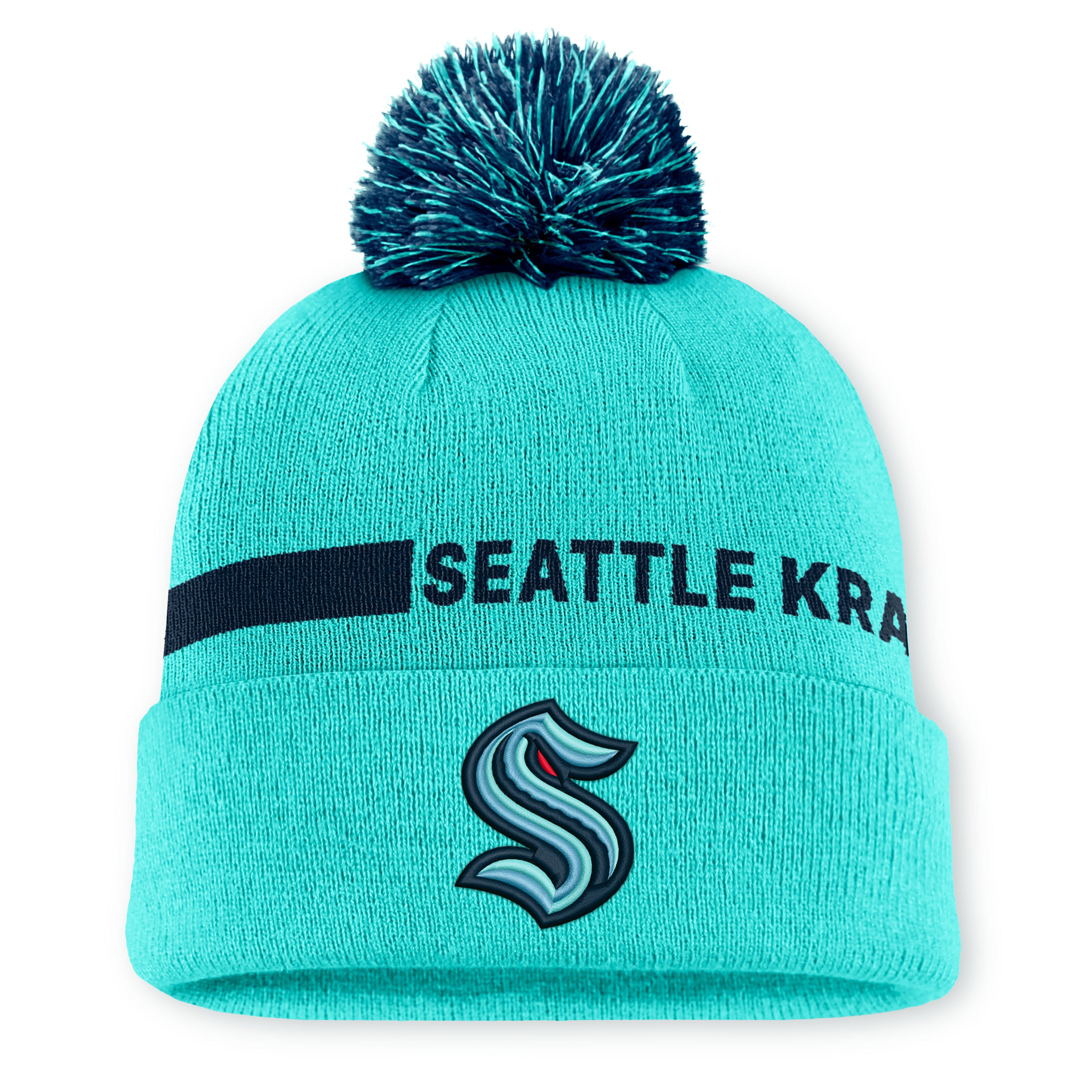 Men's Fanatics Light Blue Seattle Kraken Authentic Pro Rink Cuffed Knit Hat with Pom
