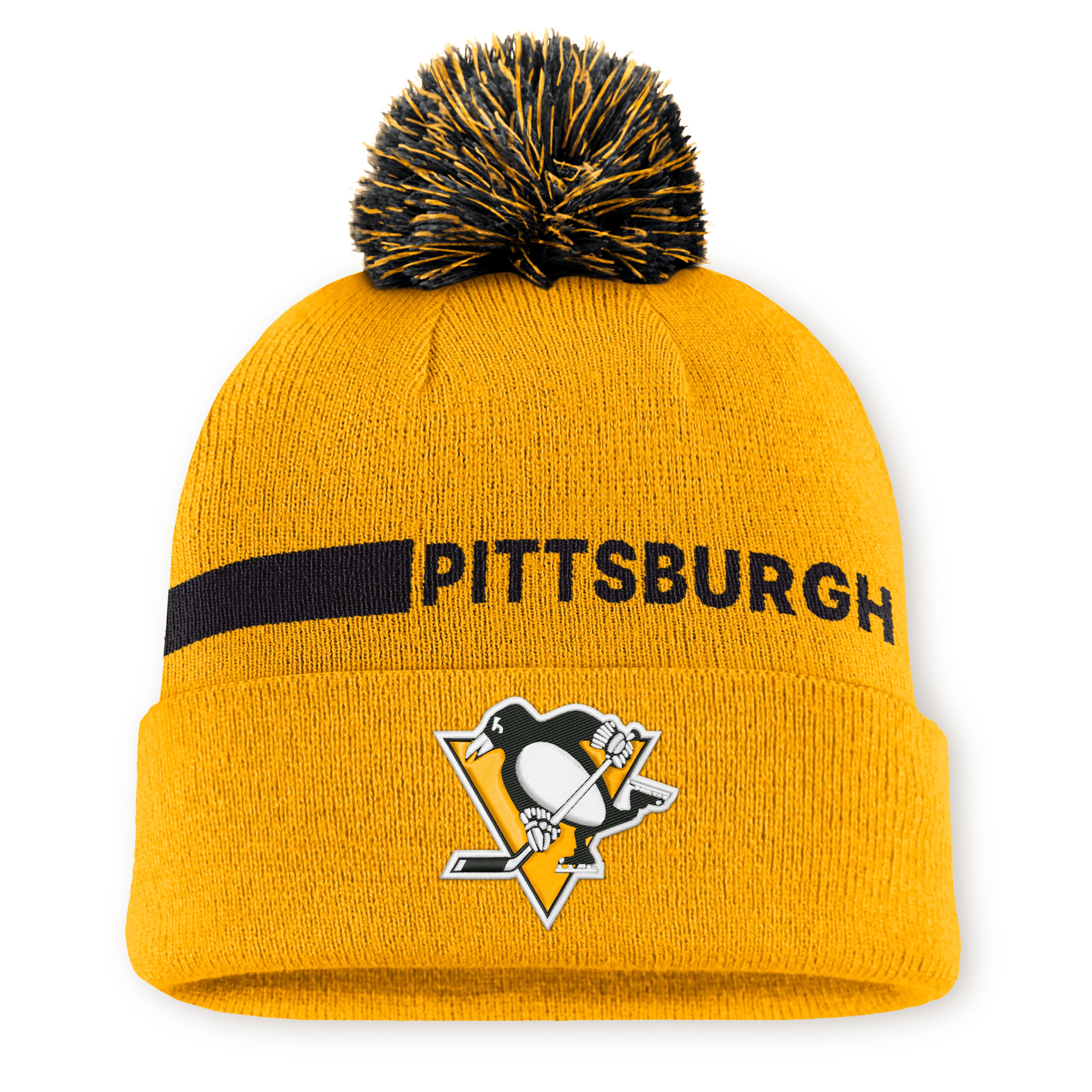 Men's Fanatics Gold Pittsburgh Penguins Authentic Pro Rink Cuffed Knit Hat with Pom
