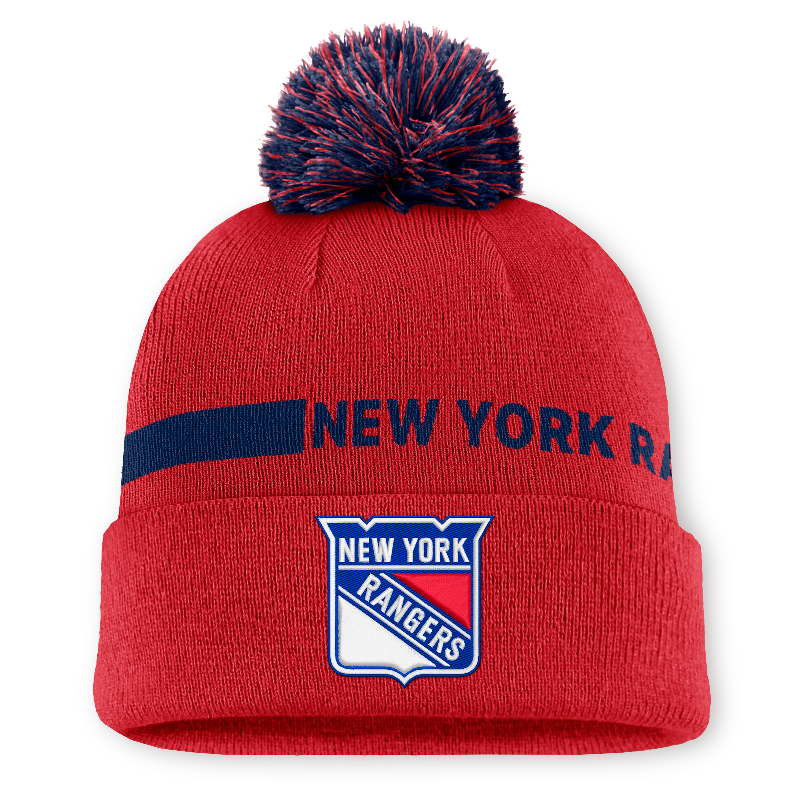 Men's Fanatics Red New York Rangers Authentic Pro Rink Cuffed Knit Hat with Pom