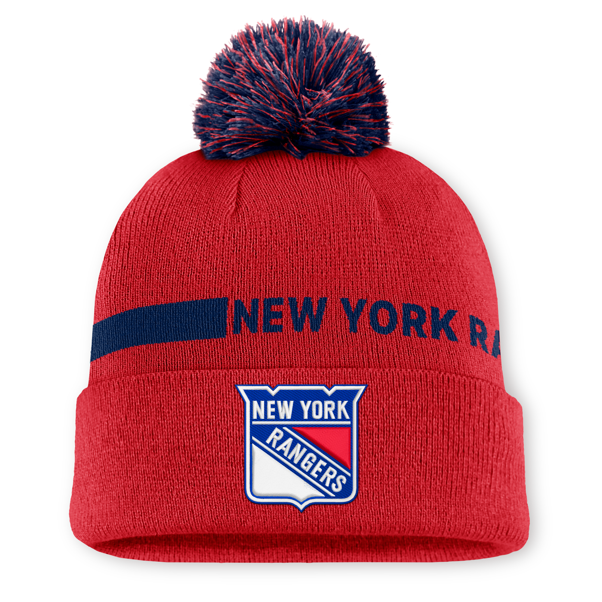 Men's Fanatics Red New York Rangers Authentic Pro Rink Cuffed Knit Hat with Pom