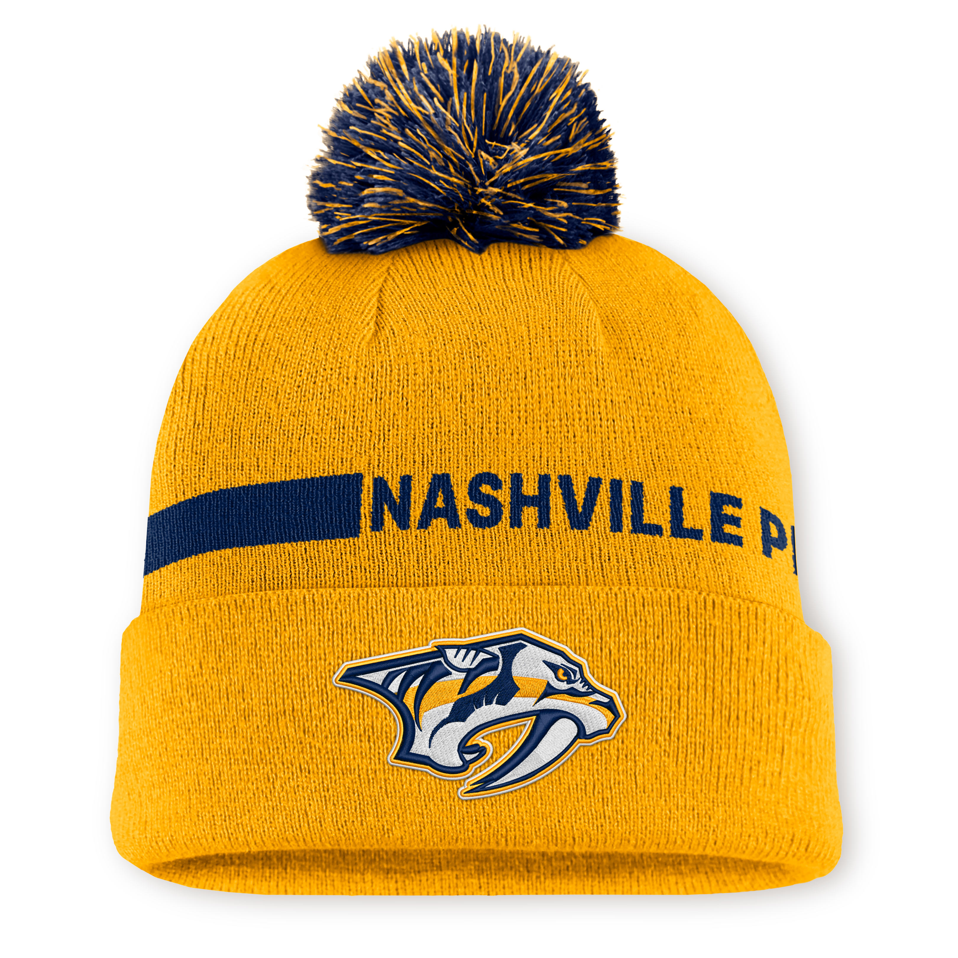 Men's Fanatics Gold Nashville Predators Authentic Pro Rink Cuffed Knit Hat with Pom