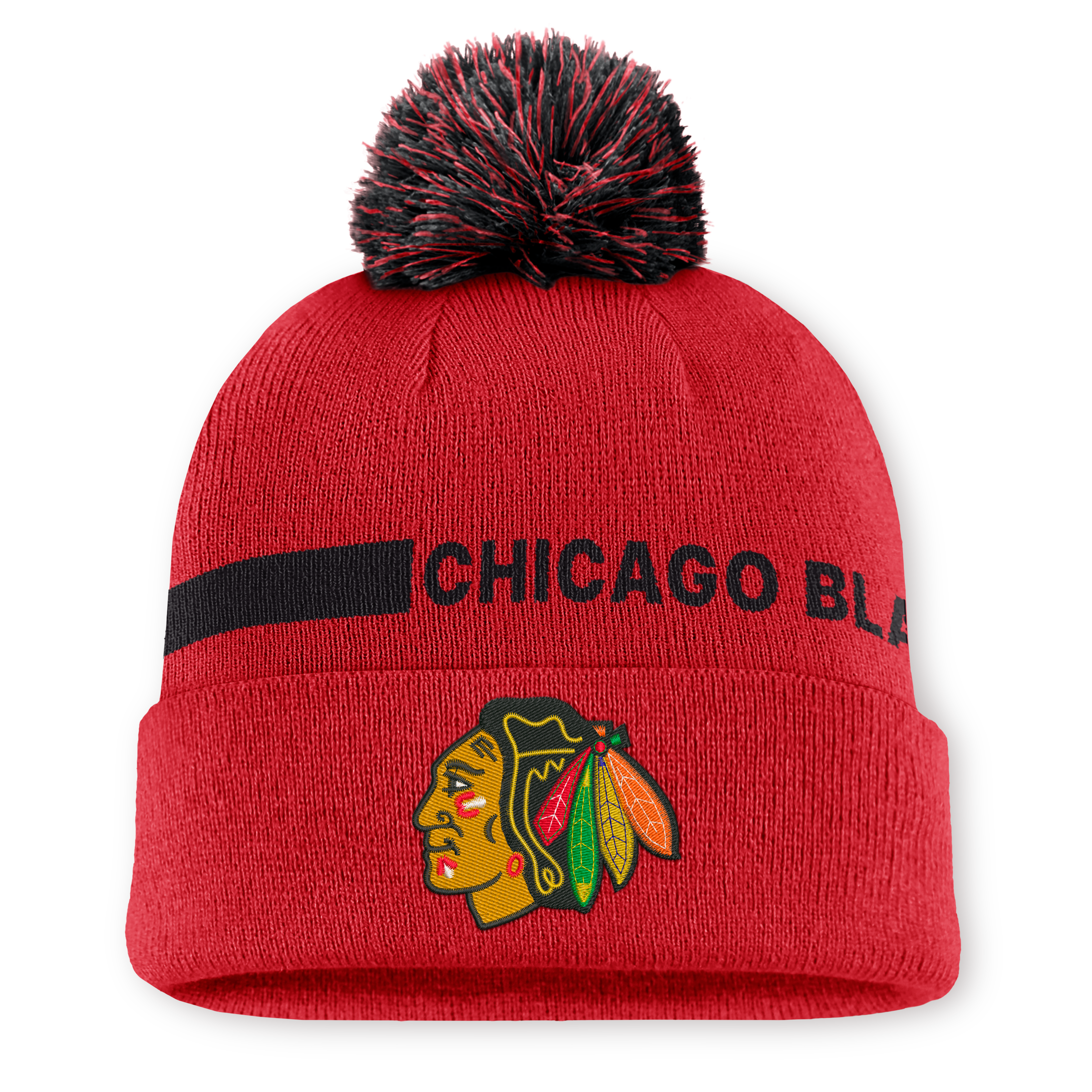 Men's Fanatics Red Chicago Blackhawks Authentic Pro Rink Cuffed Knit Hat with Pom