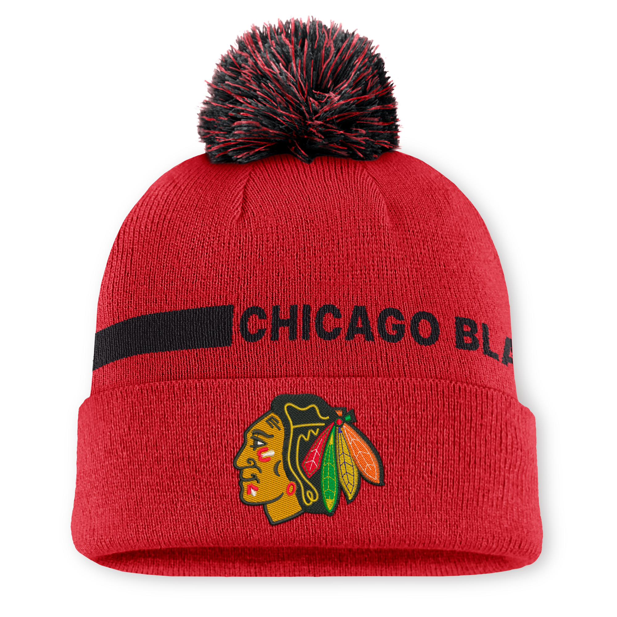 Men's Fanatics Red Chicago Blackhawks Authentic Pro Rink Cuffed Knit Hat with Pom