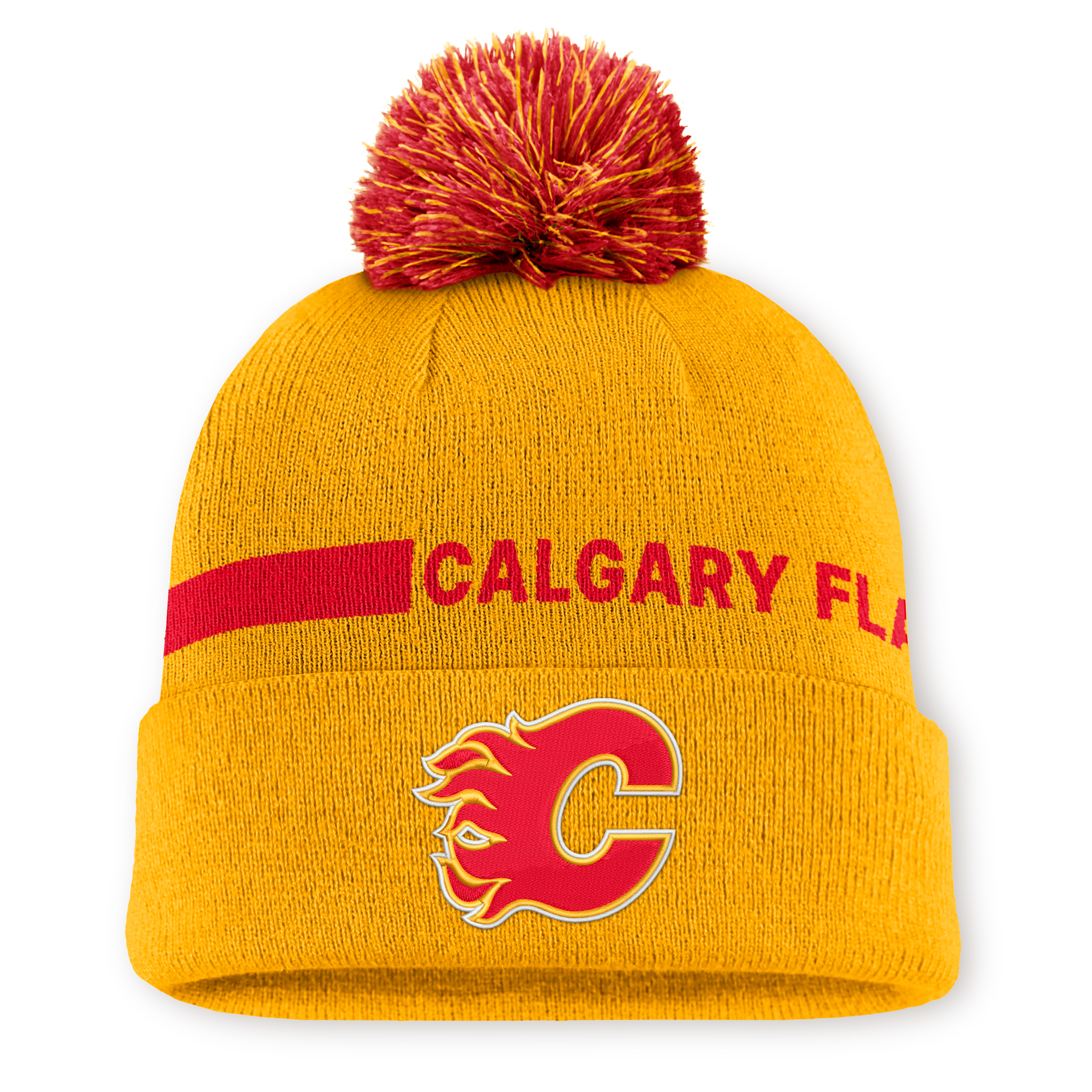 Men's Fanatics Yellow Calgary Flames Authentic Pro Rink Cuffed Knit Hat with Pom