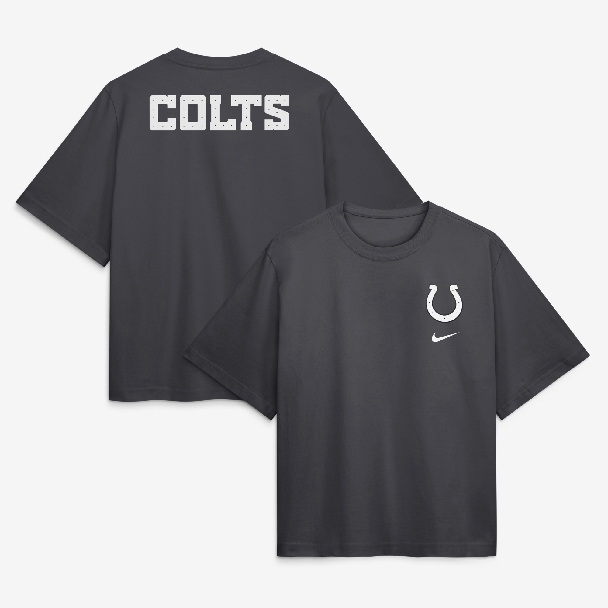 Camiseta holgada Nike para mujer, color antracita, de la colección Rivalries 2026 de los Indianapolis Colts.