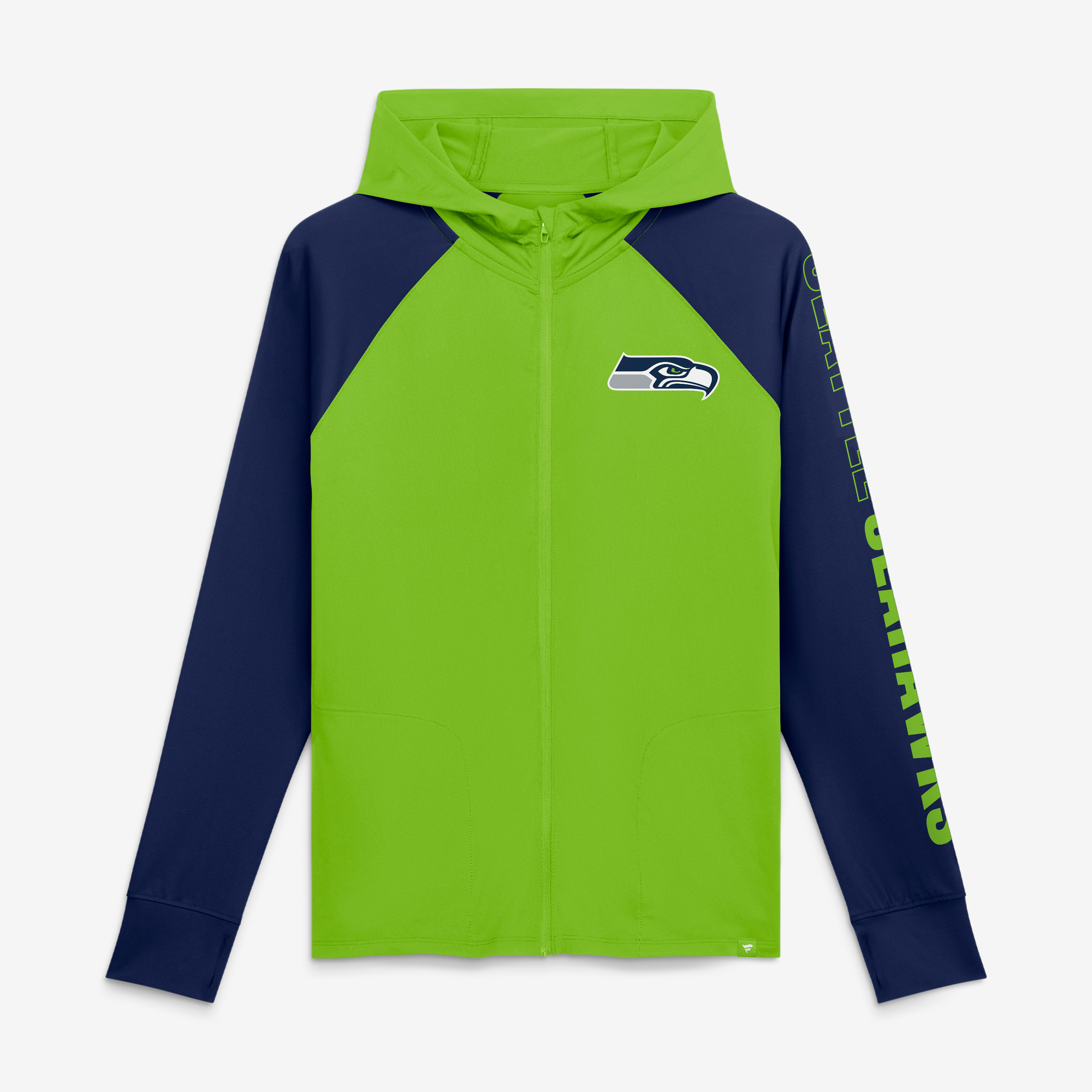 Women's Fanatics Neon Green/College Navy Seattle Seahawks Cornerback Blitz​ Raglan Full-Zip Hoodie