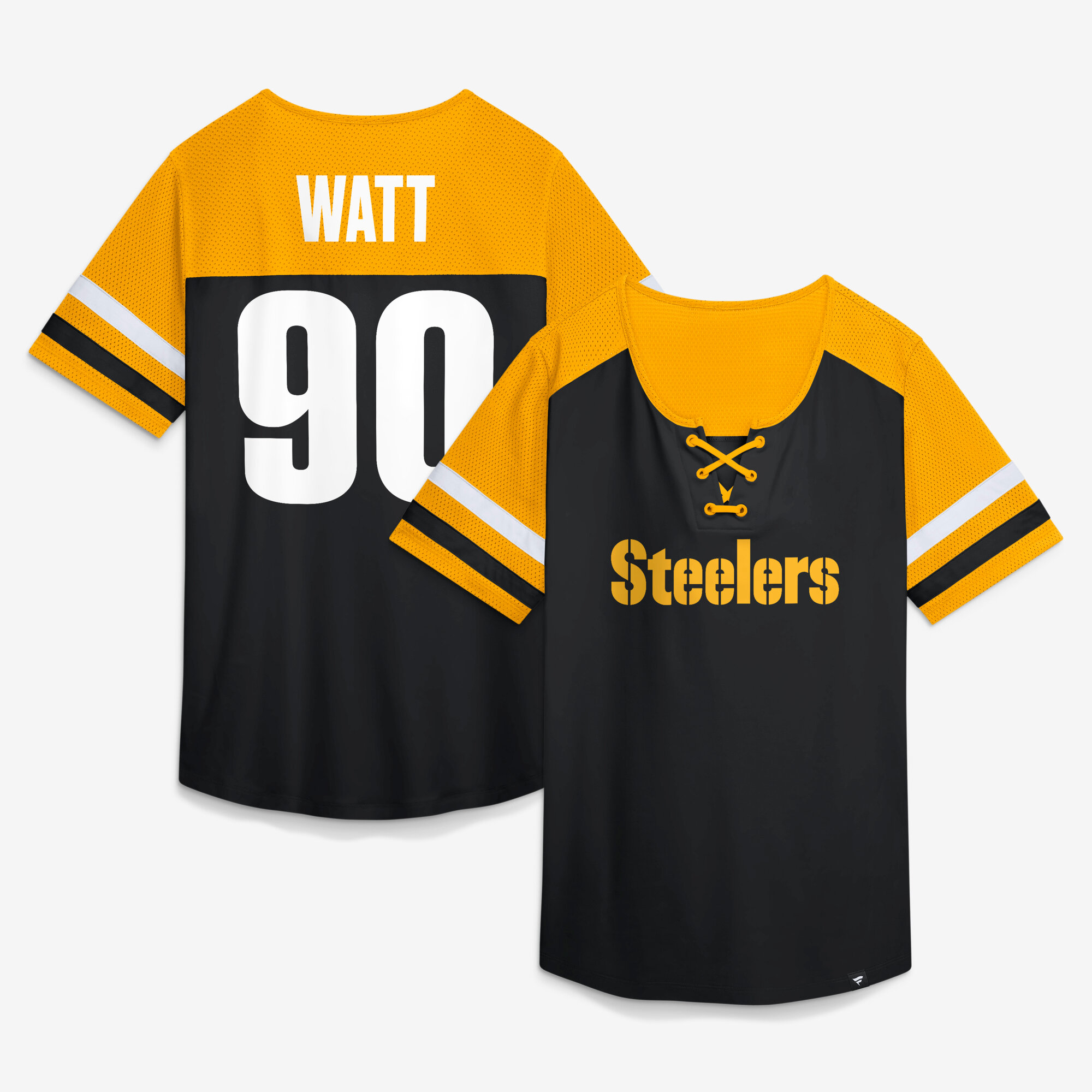 Fanatics Women's T.j. Watt Black Pittsburgh Steelers Curl Route Athena Lace-Up Name & Number Shirt - Black, Gold
