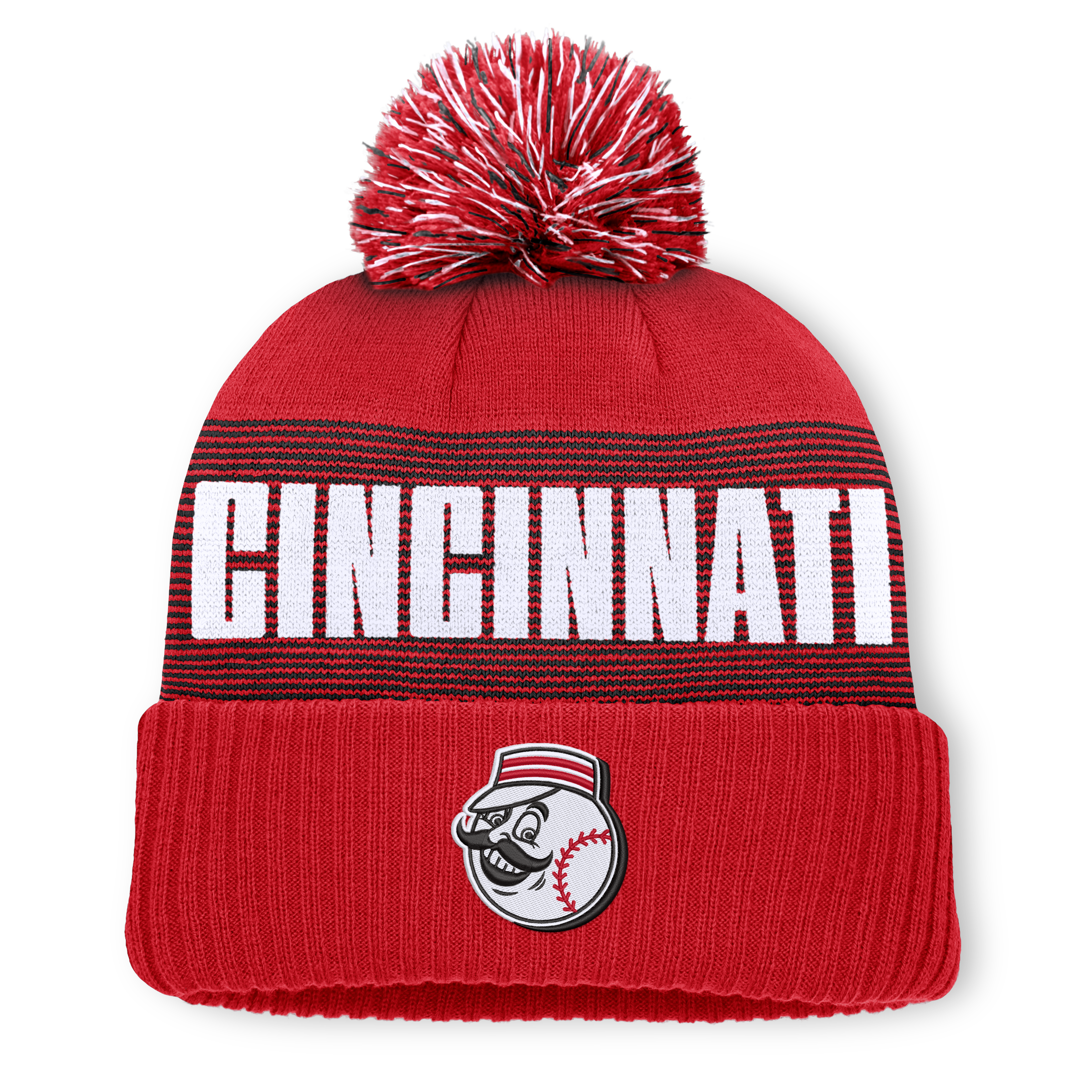 Men's Fanatics Red Cincinnati Reds Striate Cuffed Knit Hat with Pom