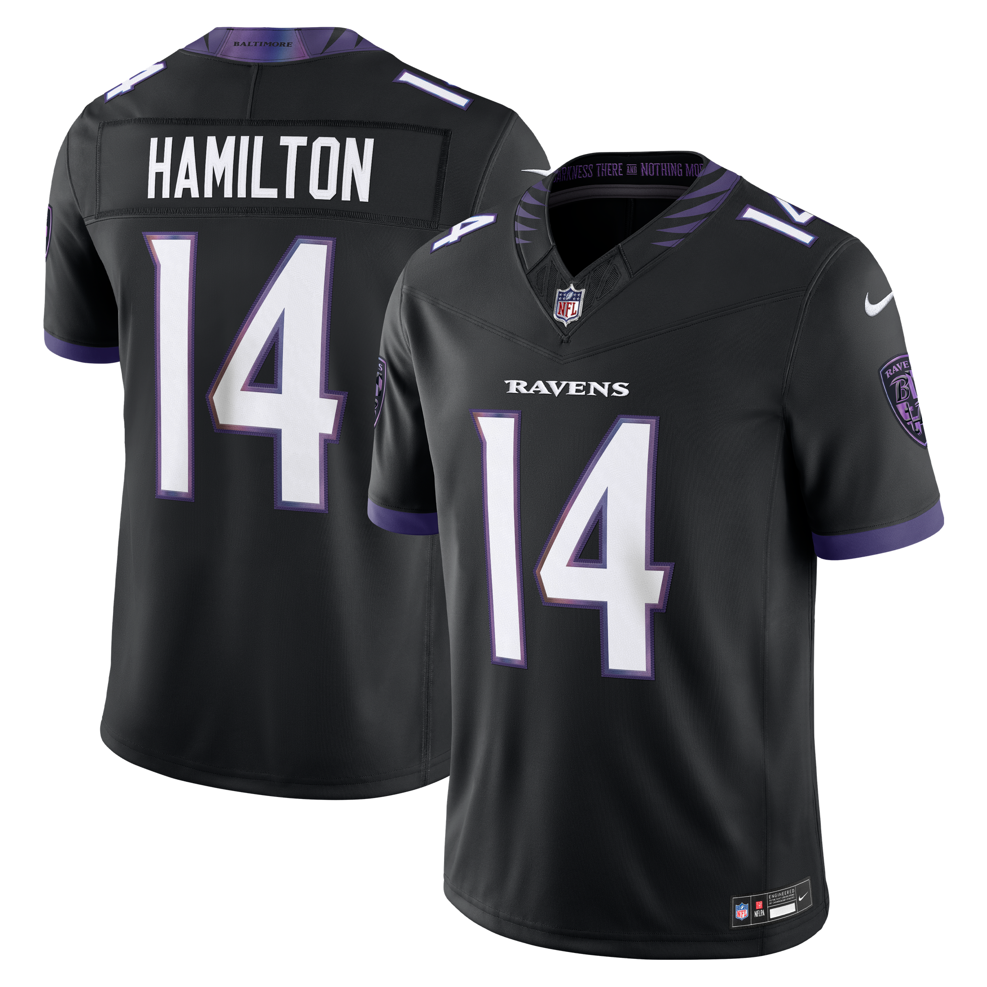Maglia da uomo Nike Kyle Hamilton nera, modello alternativo Vapor F.U.S.E. dei Baltimore Ravens, edizione limitata con cuciture a vista.