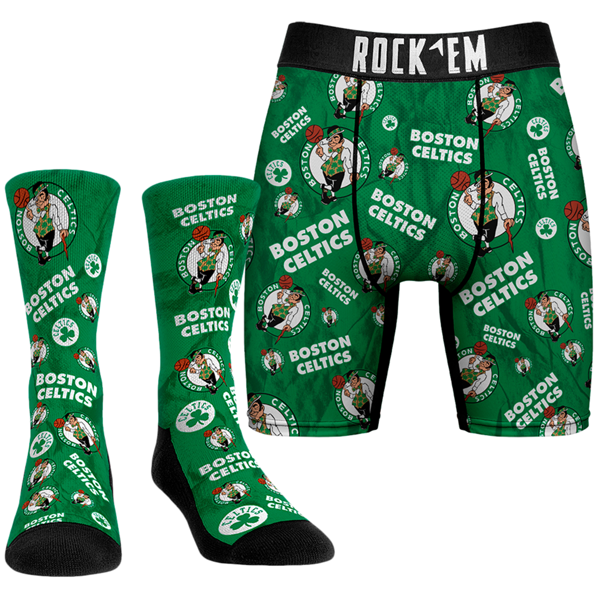 Men's Rock Em Socks Green Boston Celtics All-Over Logo Boxer Briefs & Crew Socks Combo Pack