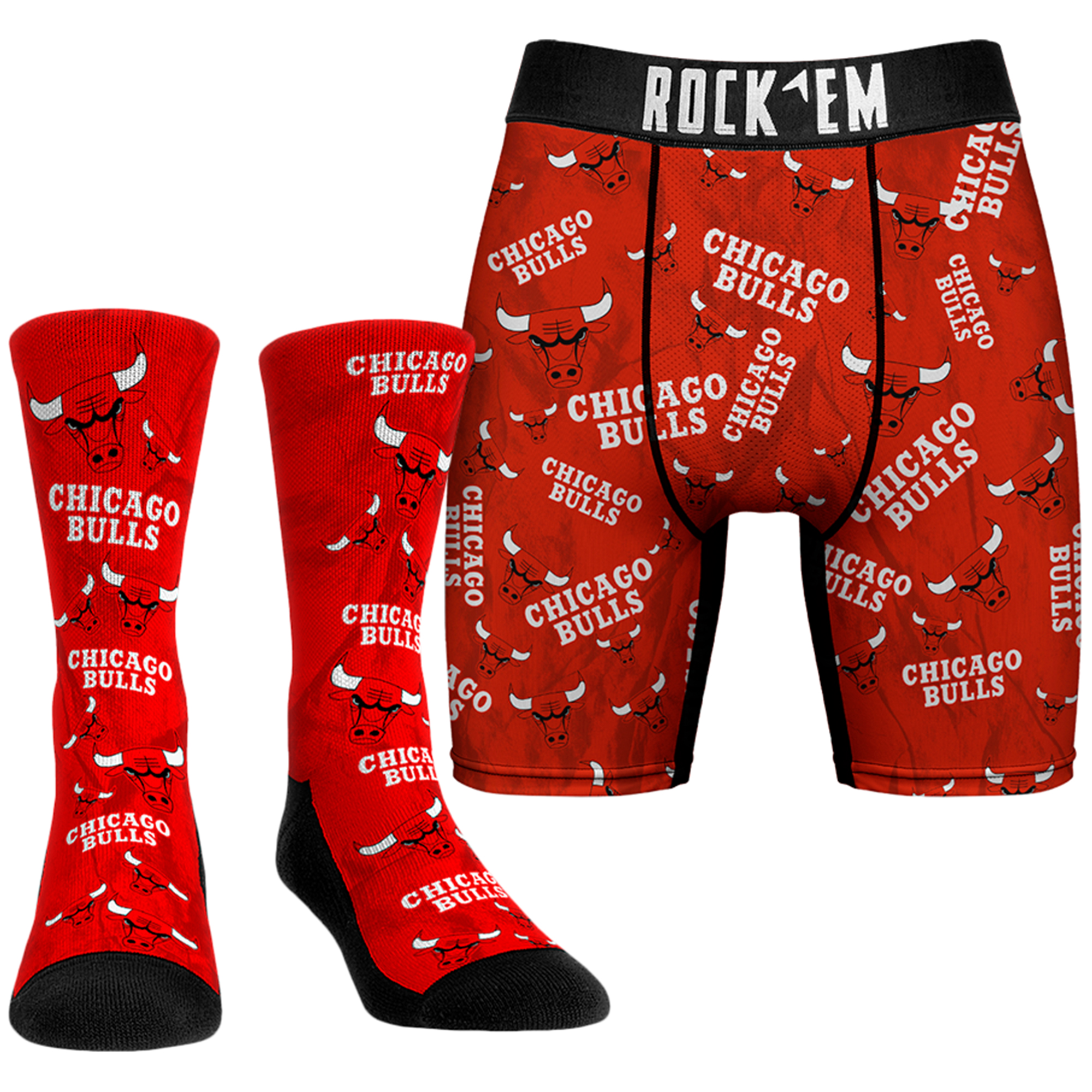 Men's Rock Em Socks Red Chicago Bulls All-Over Logo Boxer Briefs & Crew Socks Combo Pack
