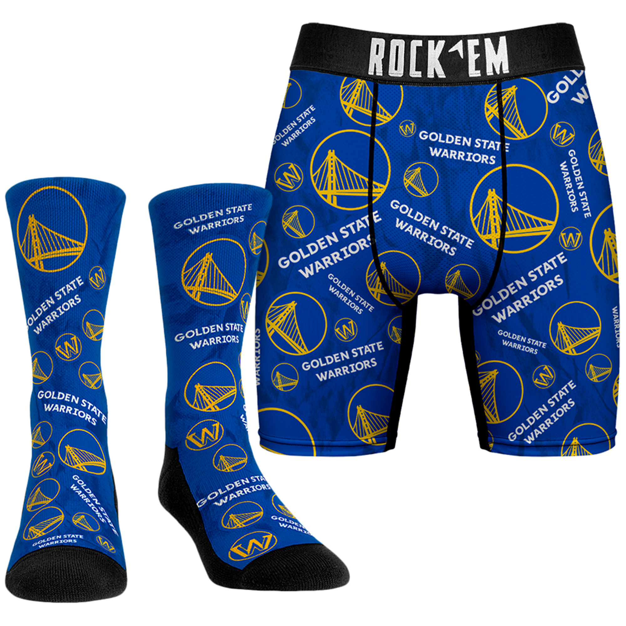 Men's Rock Em Socks Royal Golden State Warriors All-Over Logo Boxer Briefs & Crew Socks Combo Pack