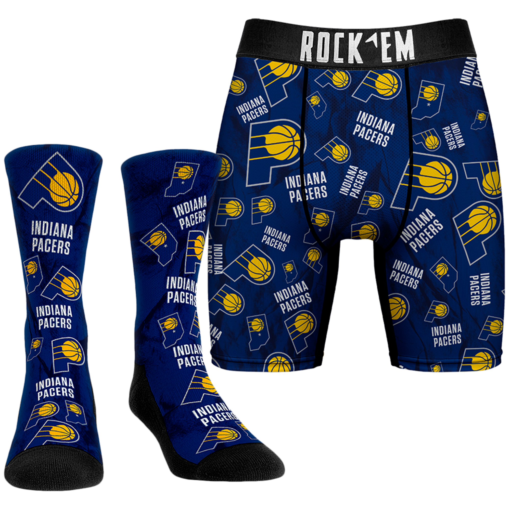 Men's Rock Em Socks Navy Indiana Pacers All-Over Logo Boxer Briefs & Crew Socks Combo Pack