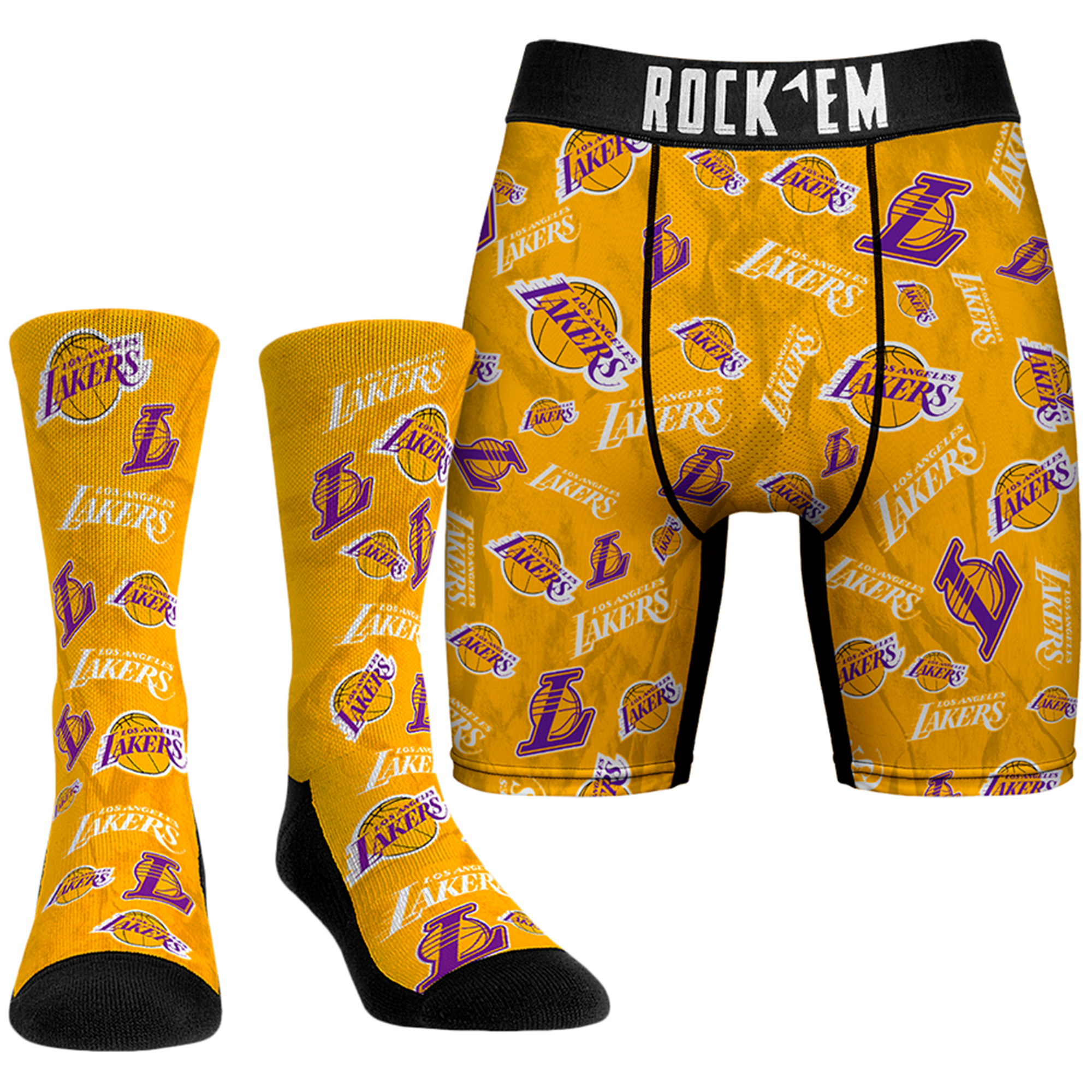 Men's Rock Em Socks Gold Los Angeles Lakers All-Over Logo Boxer Briefs & Crew Socks Combo Pack