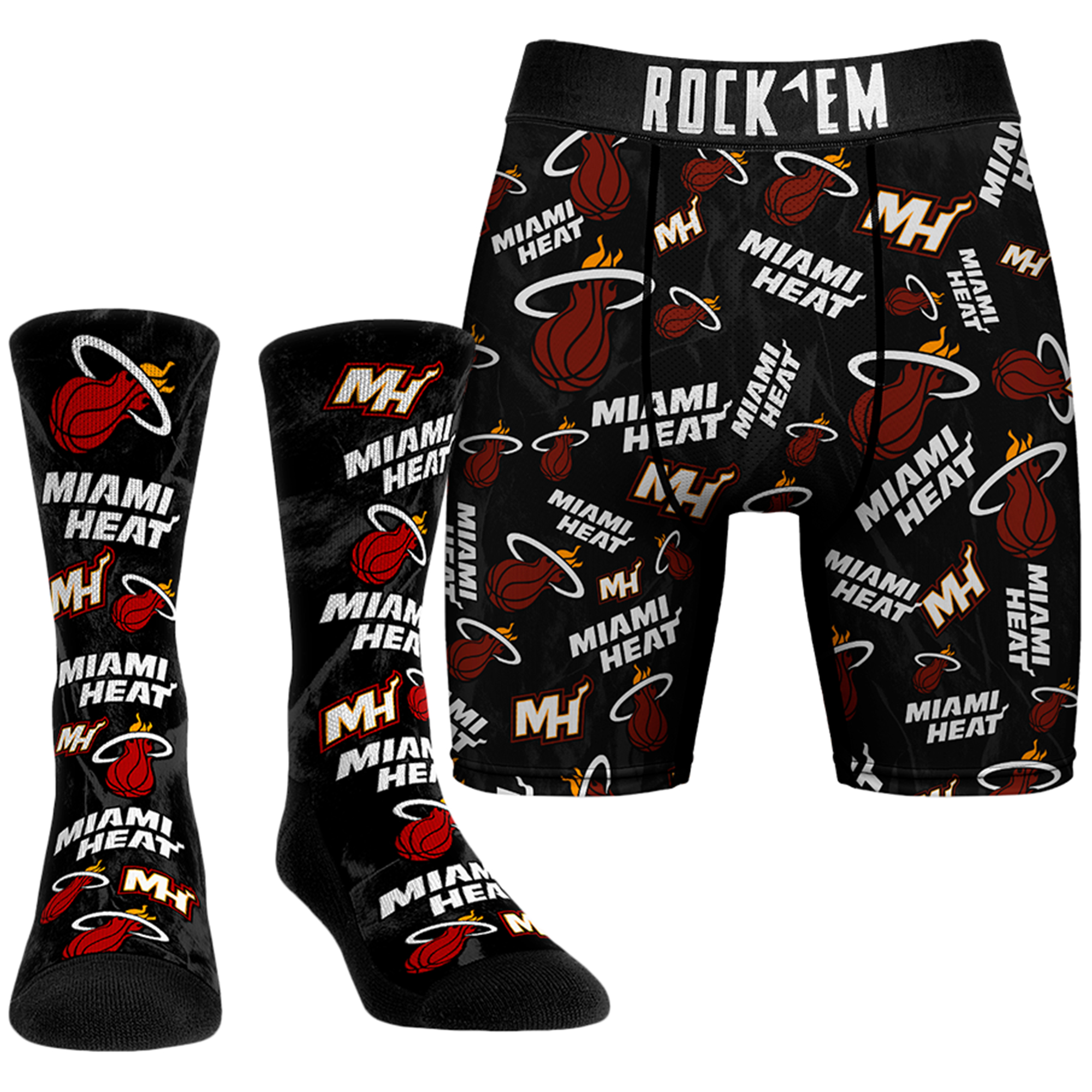 Men's Rock Em Socks Black Miami Heat All-Over Logo Boxer Briefs & Crew Socks Combo Pack