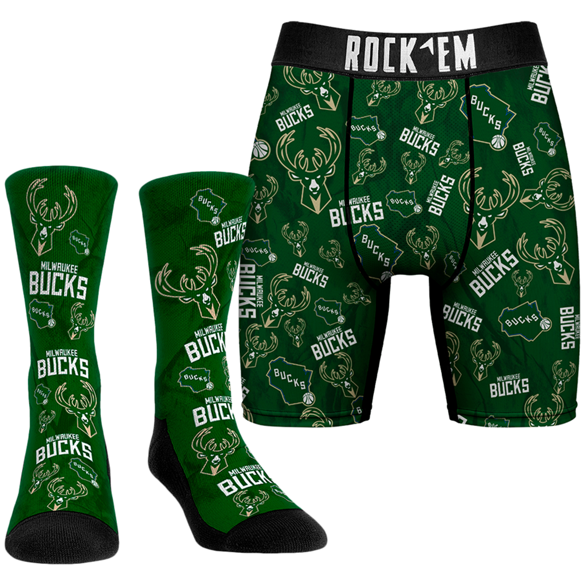 Men's Rock Em Socks Forest Green Milwaukee Bucks All-Over Logo Boxer Briefs & Crew Socks Combo Pack